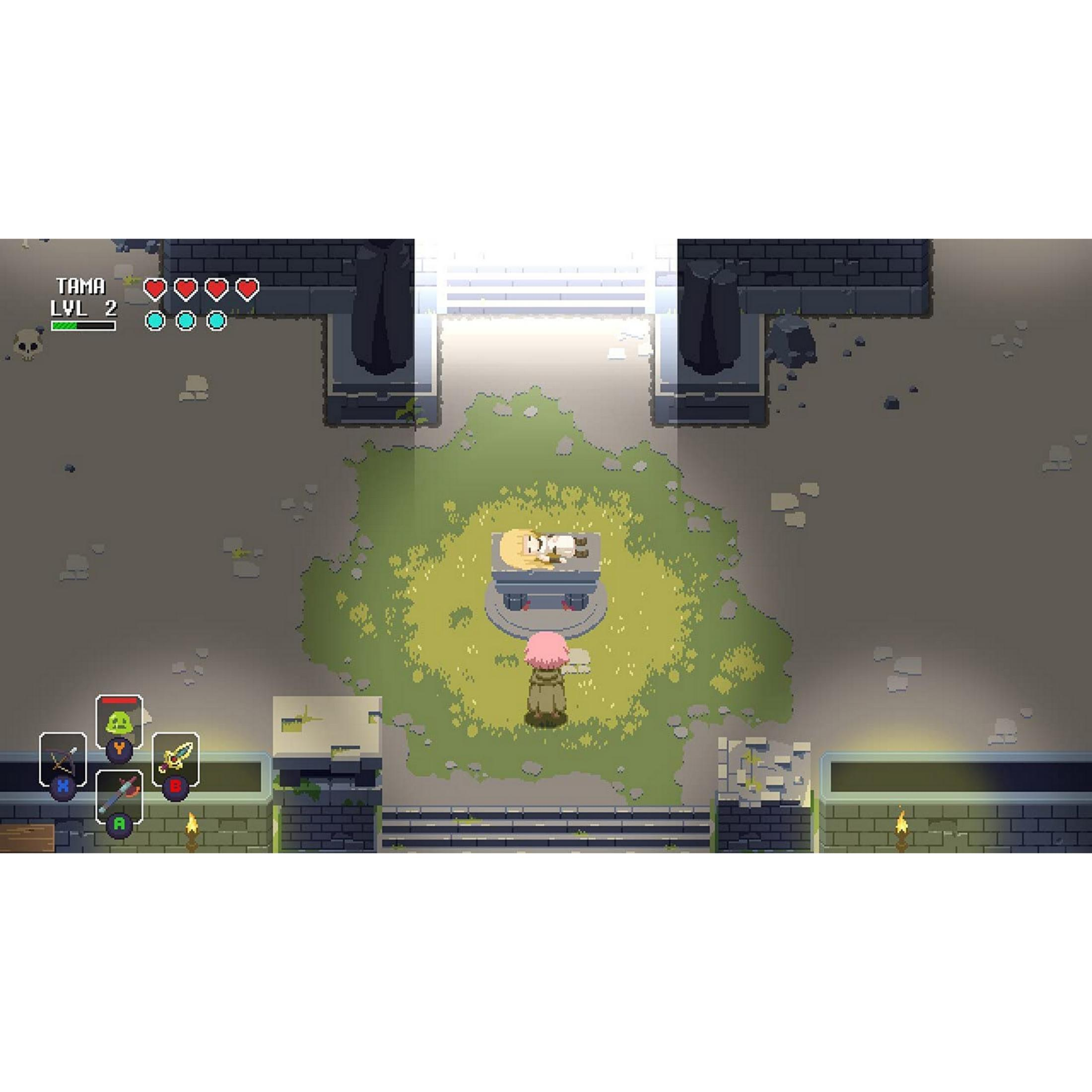 Pixel art game scene: character faces a tomb with a sleeping figure. Health and inventory displayed.