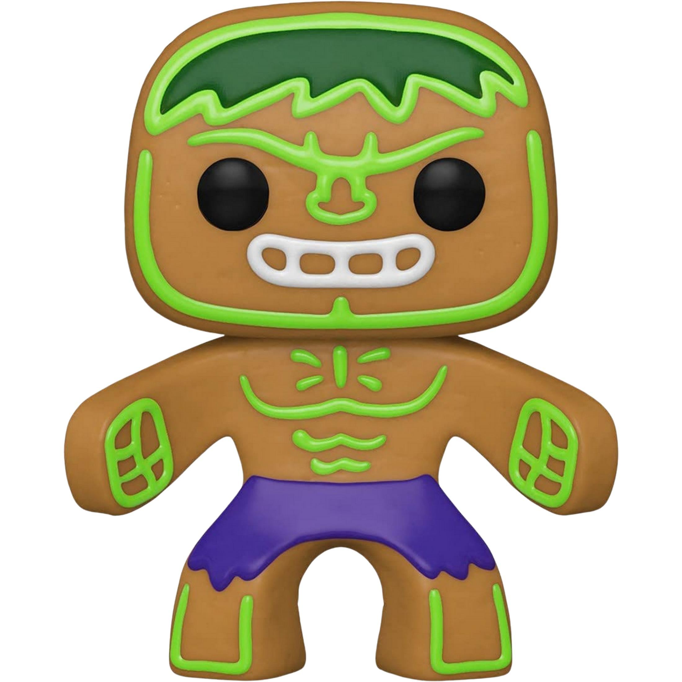 Un omino pan di zenzero stile Hulk, con glassa verde e pantaloncini viola.