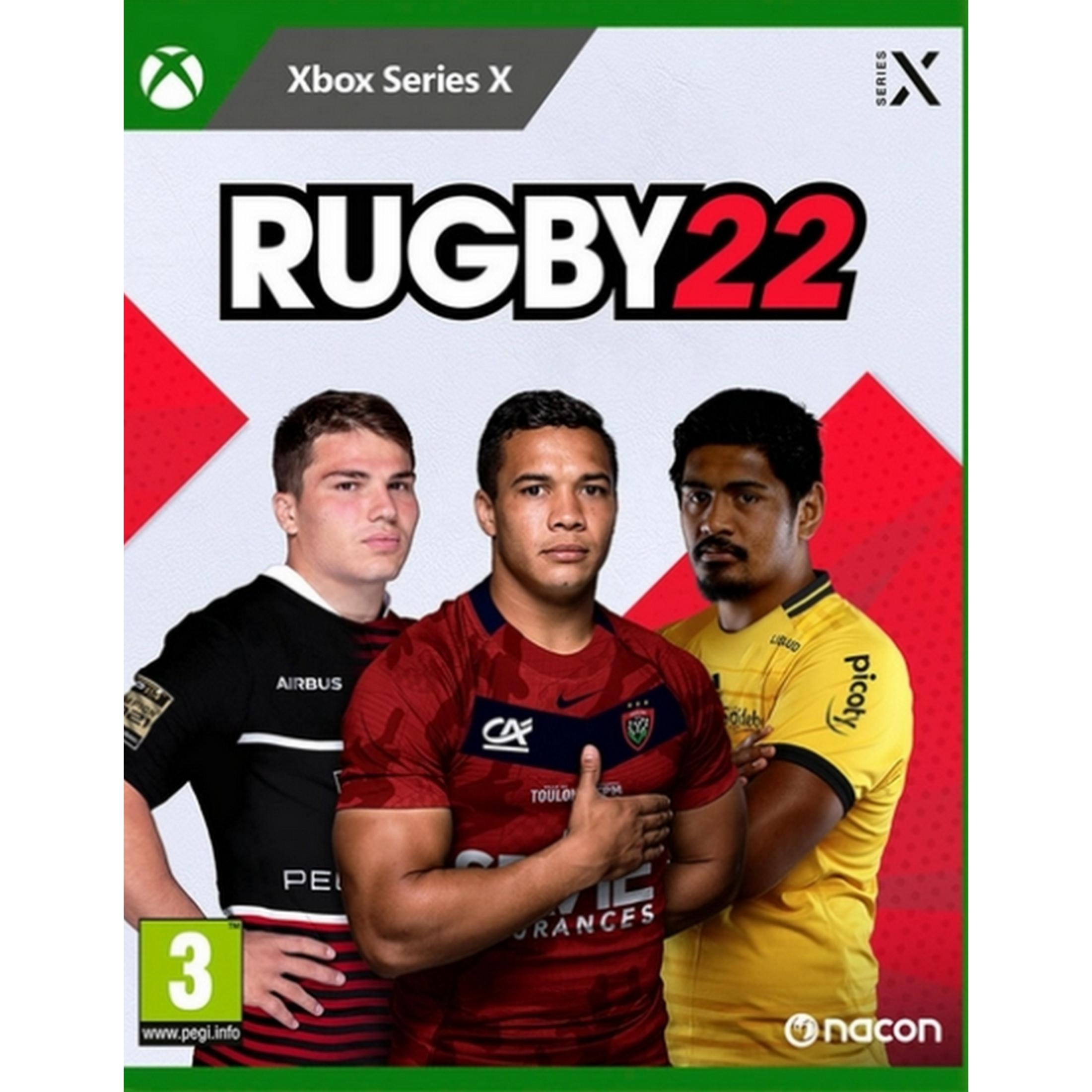 Okładka gry Rugby 22 na Xbox Series X z trzema rugbystami w koszulkach.