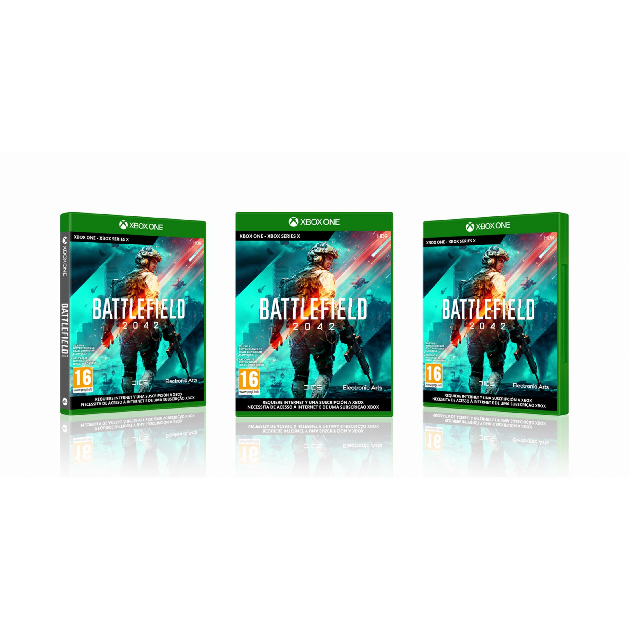 Tres carcasas de Xbox One para Battlefield 2042, con soldado y clasificación 16.