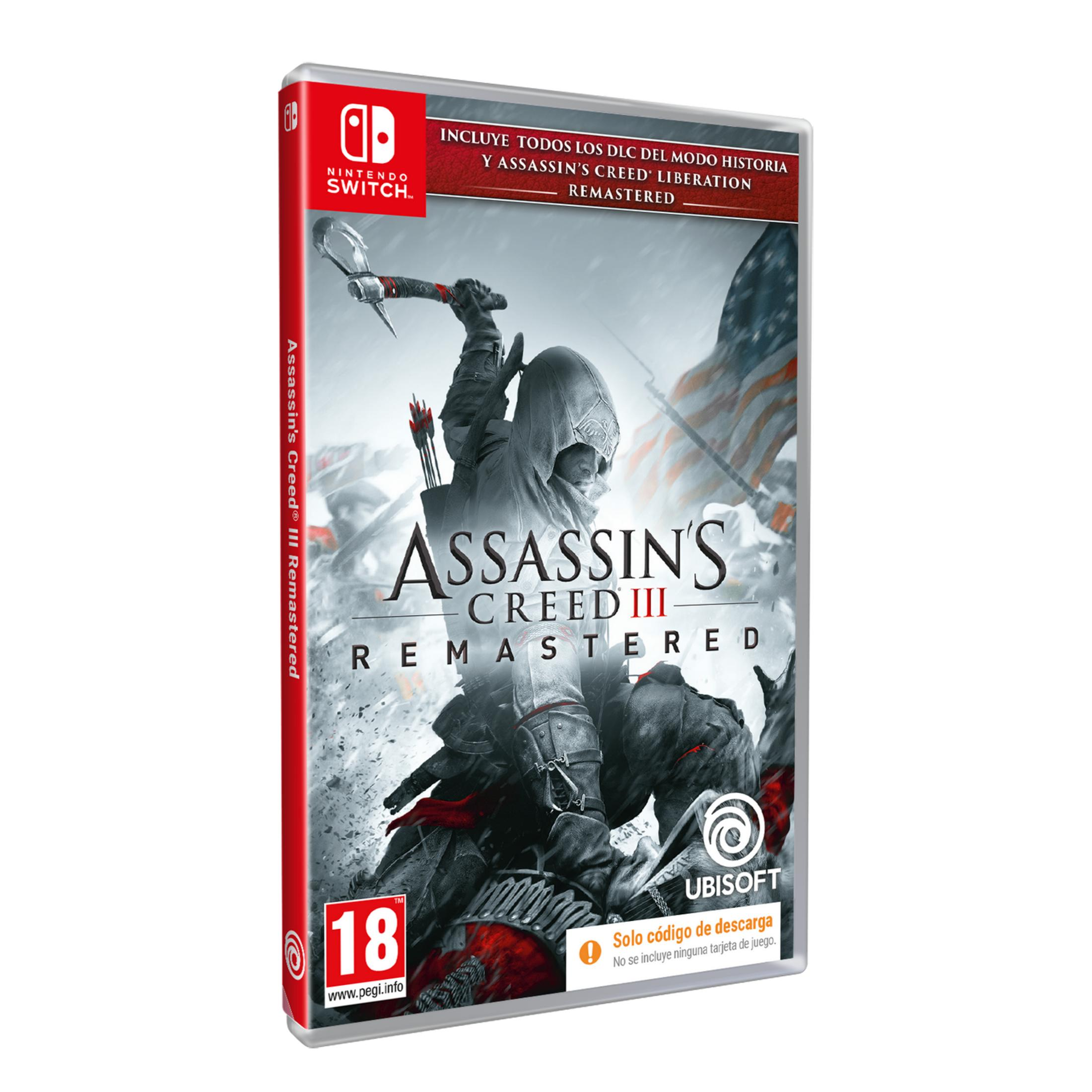 Funda Assassin's Creed III Remastered Nintendo Switch con asesino en combate ante bandera de EE.UU.