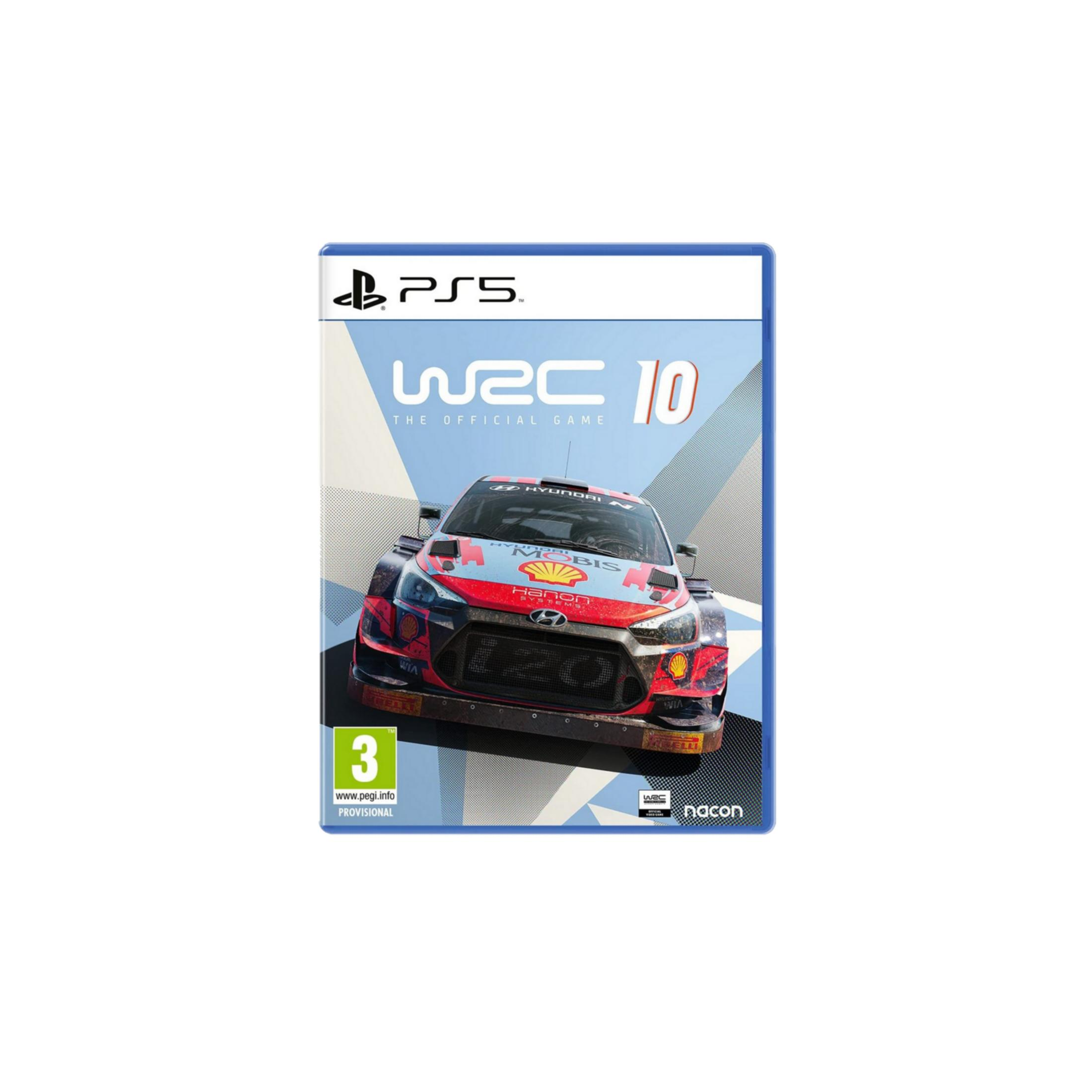 Caja del juego PS5 WRC 10 con vista frontal de un coche de rally y calificación PEGI 3.
