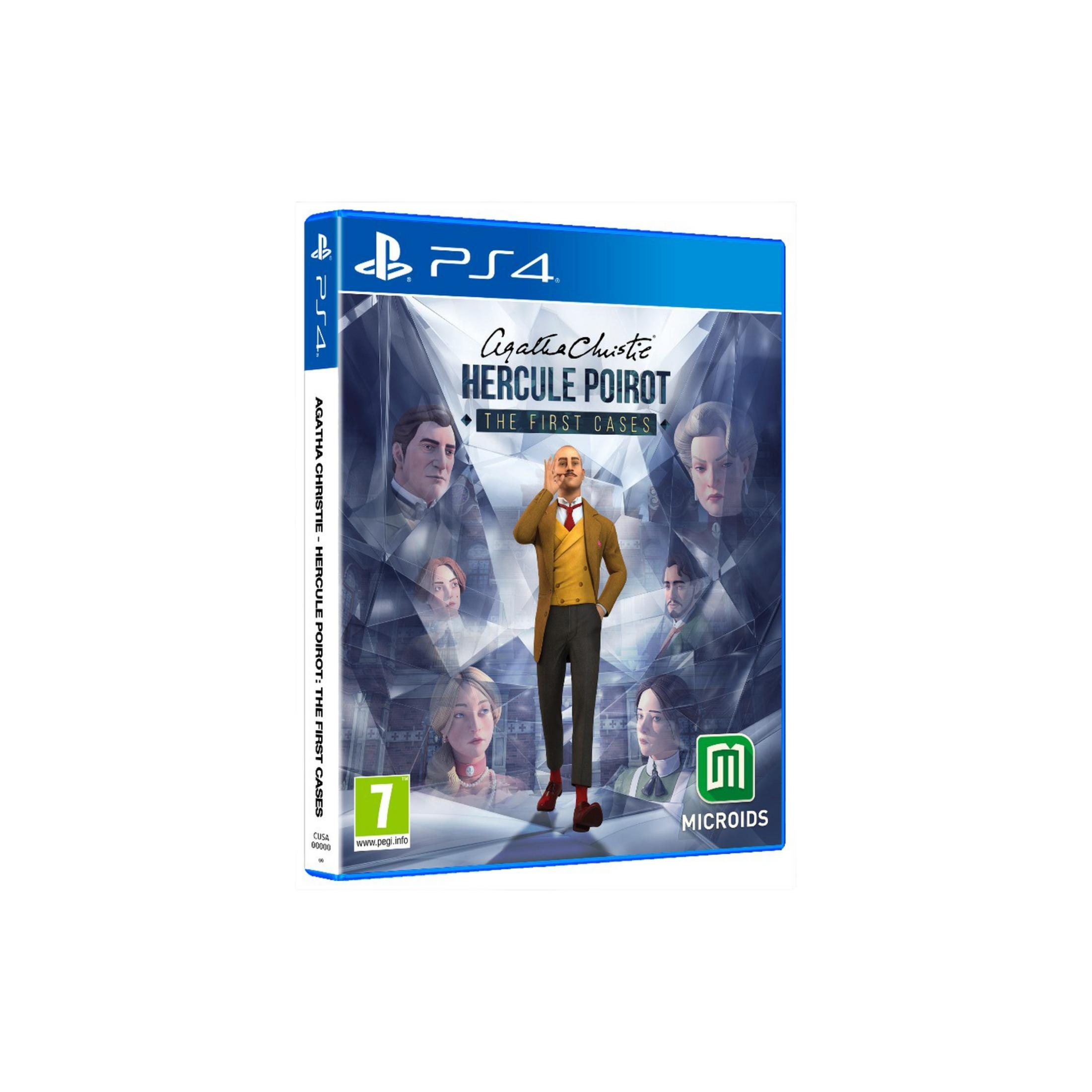 Caja de juego PS4: Agatha Christie Hercule Poirot, PEGI 7, con personajes y logos.