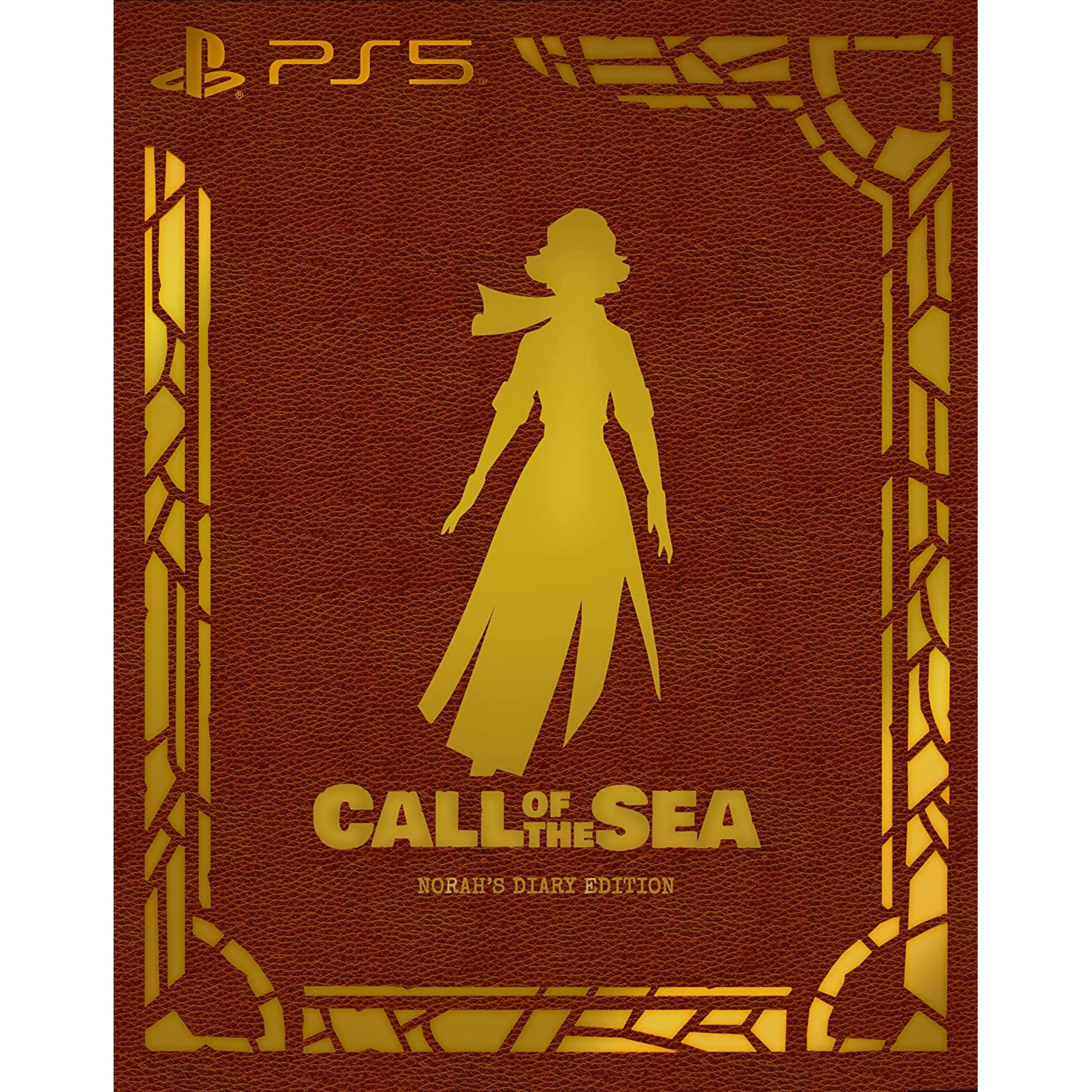 Logo PS5, silhouette dorata di una donna, titolo "Call of the Sea".