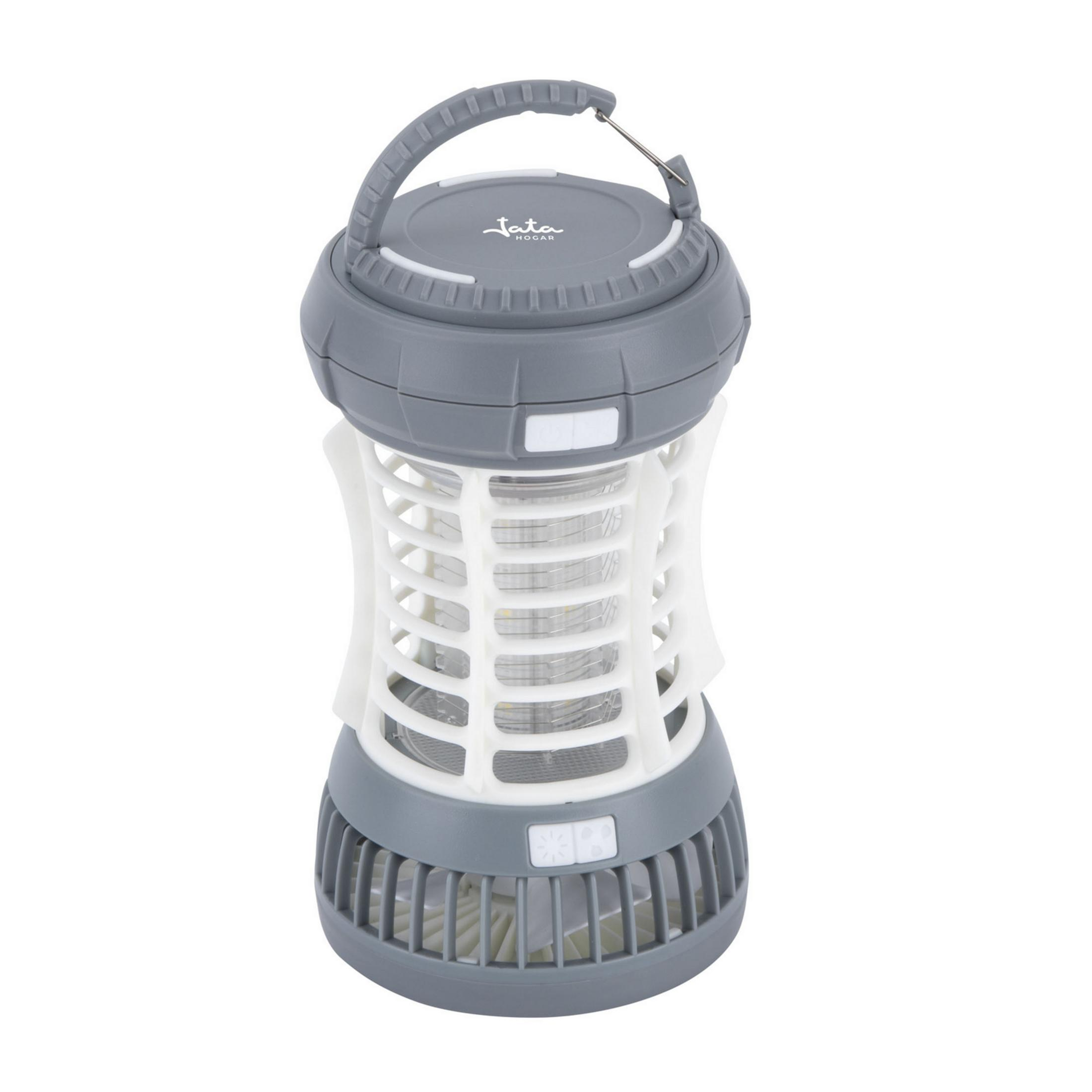 Trampa para mosquitos gris y blanca con asa y ventilador.