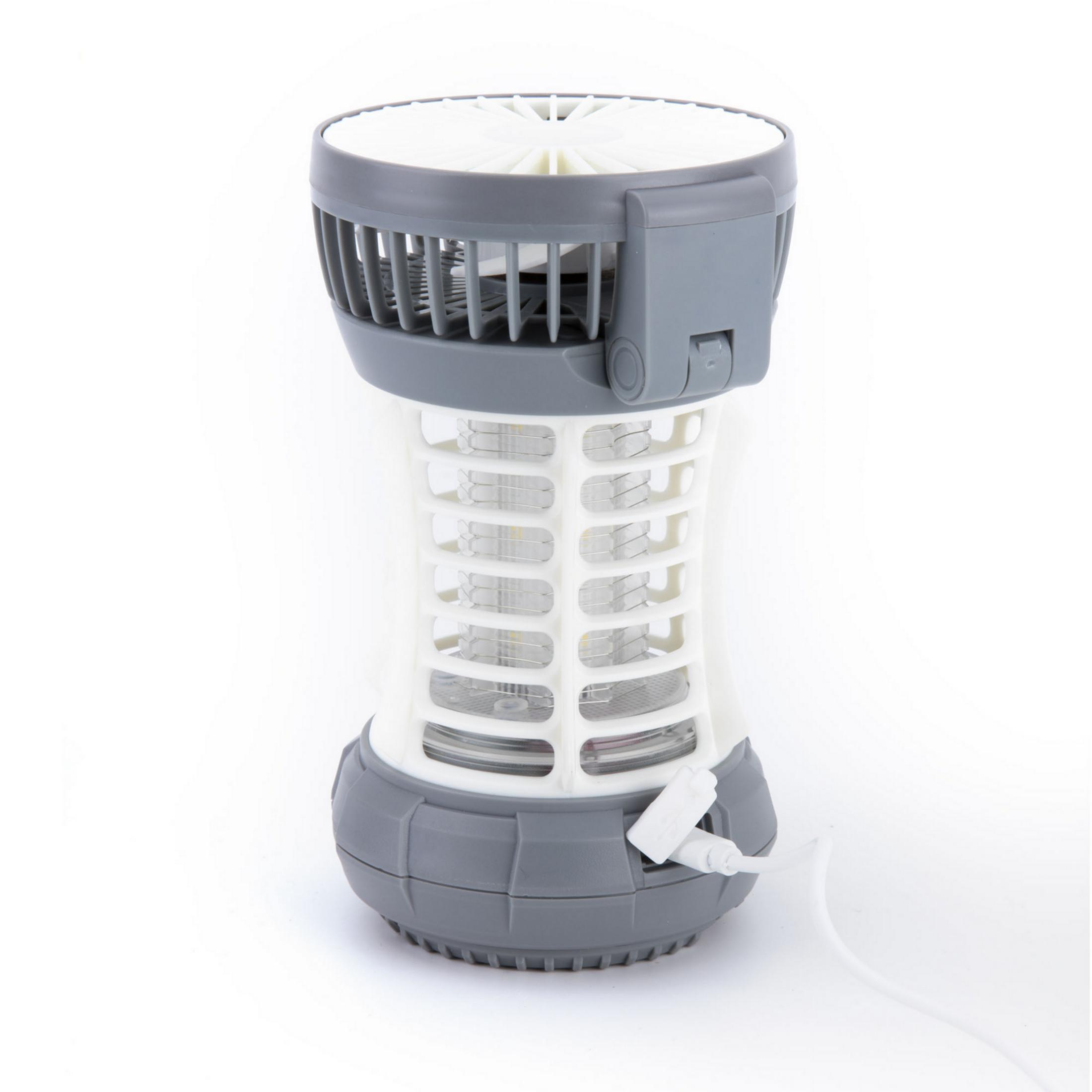 Un insecticida blanco y gris con ventilador y puerto USB.