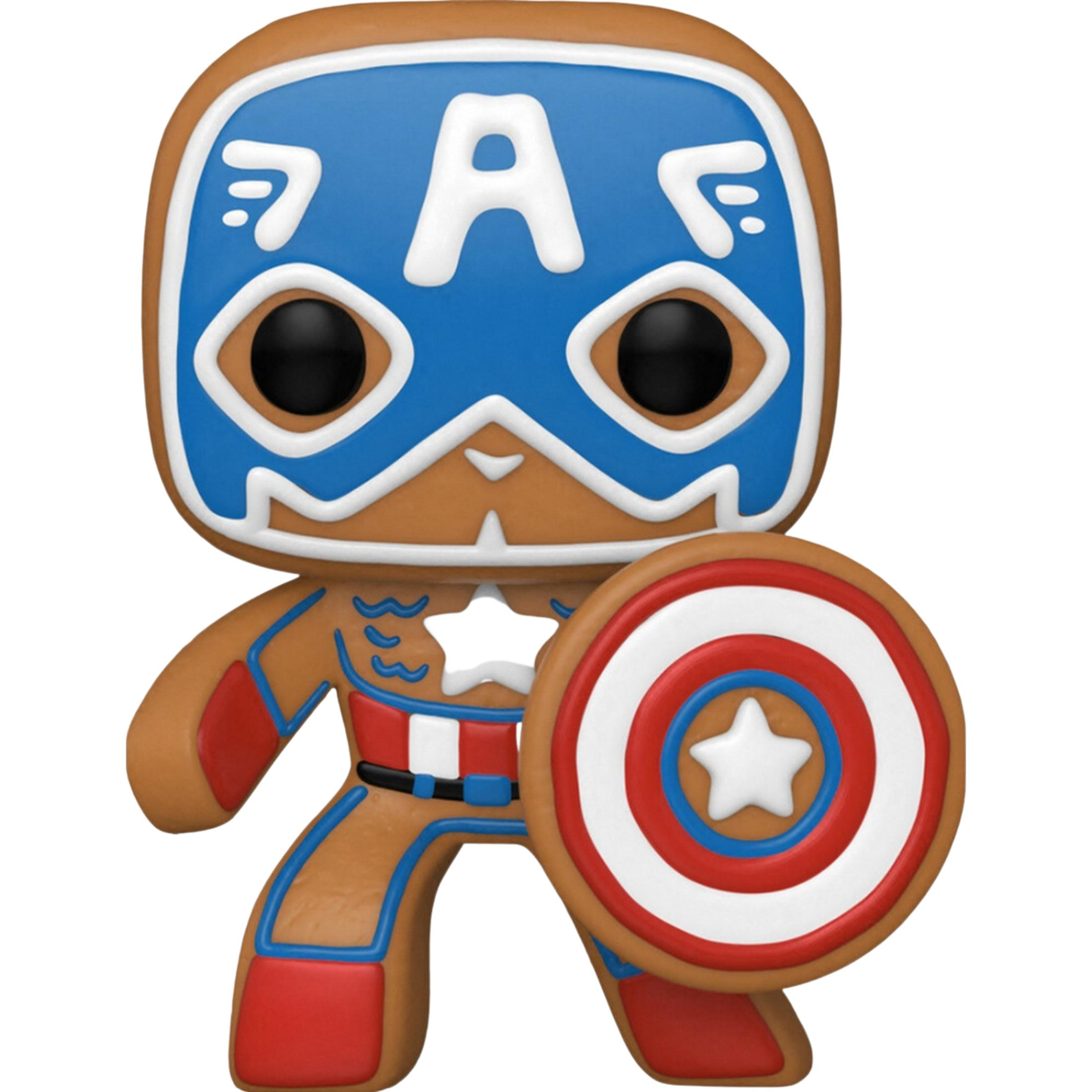 Brauner Lebkuchenmann mit Captain America-Kostüm und Schild.