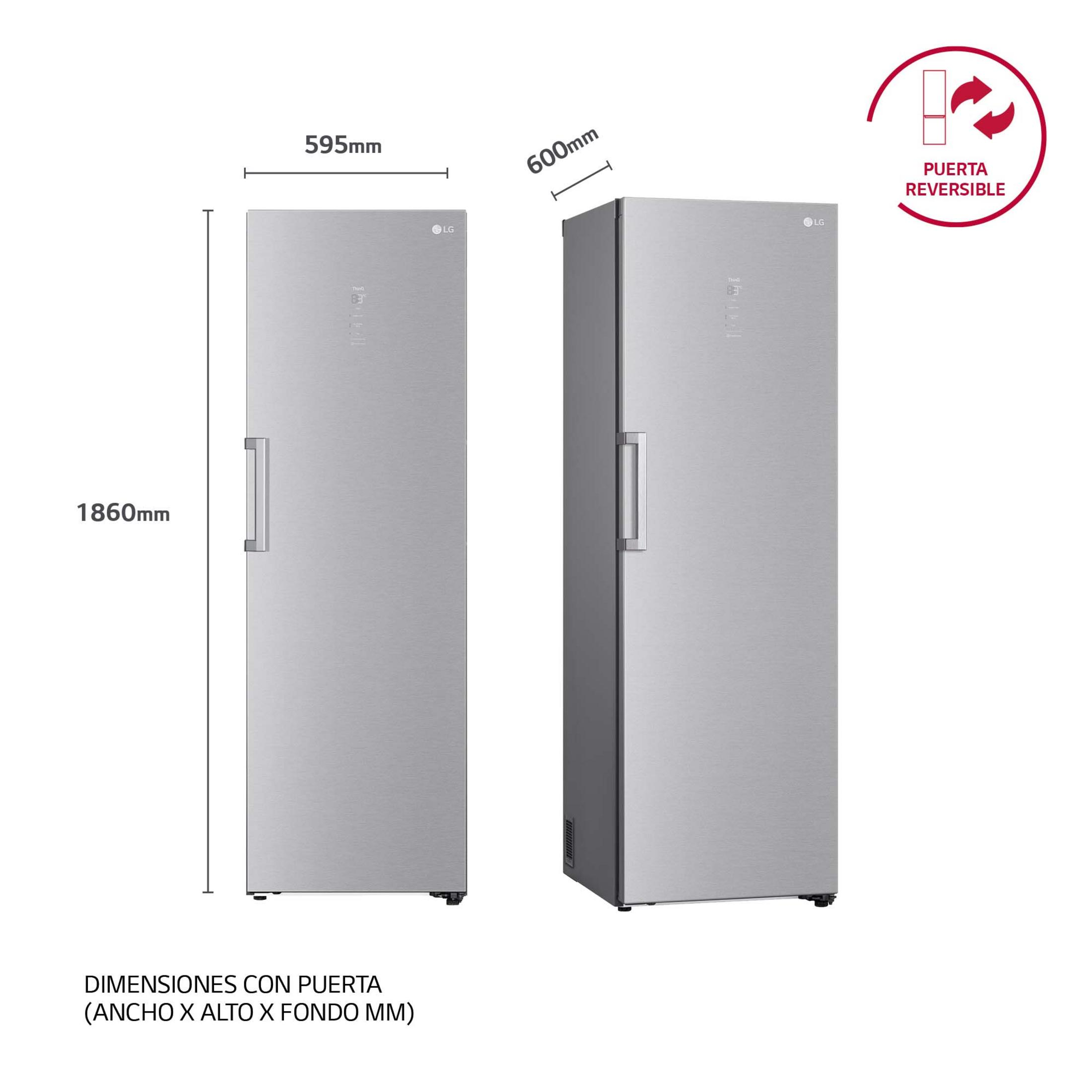 Dos refrigeradores LG plateados uno al lado del otro, con dimensiones 1860mm x 595mm x 600mm.