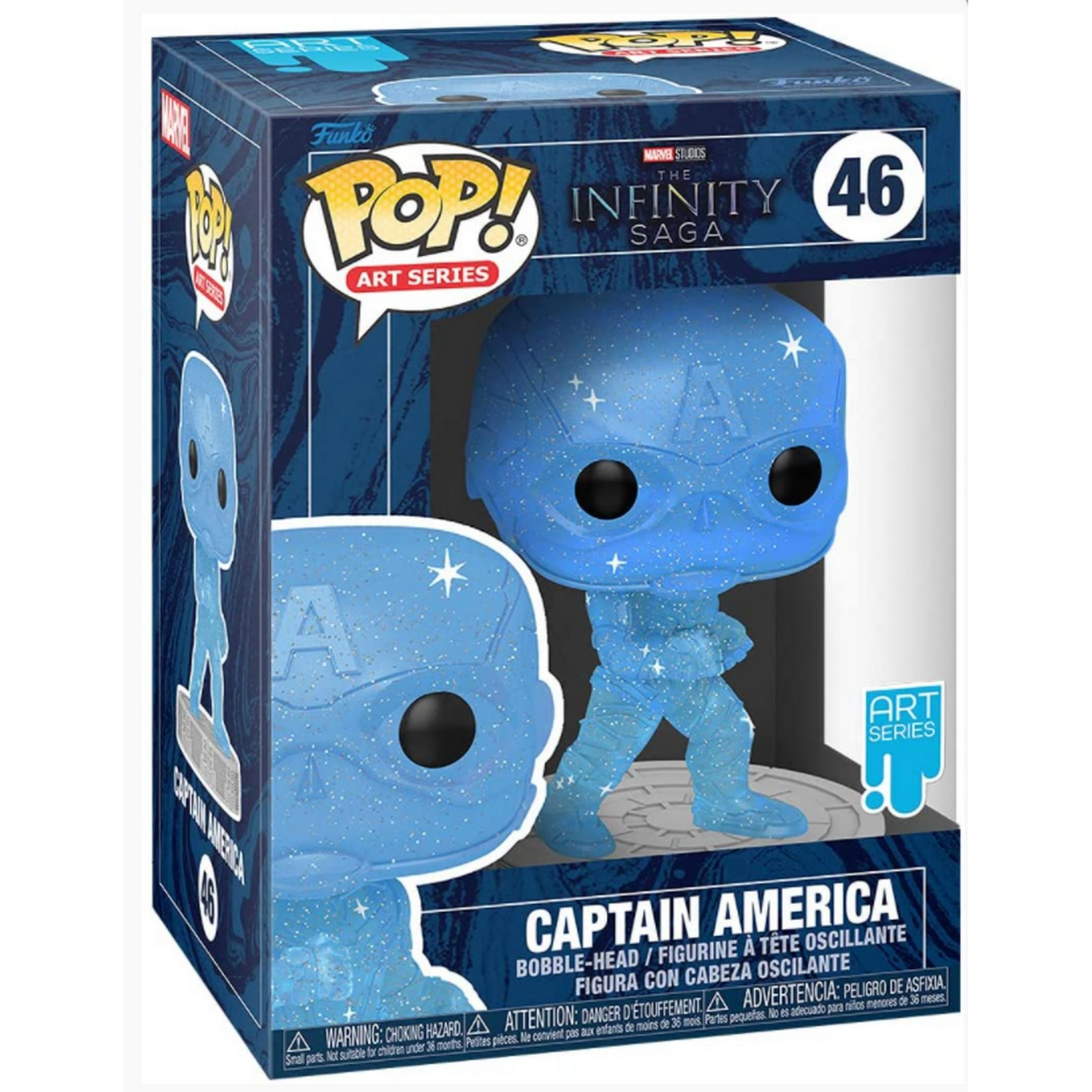 Funko Pop azul de Capitán América en caja con patrón de estrellas.