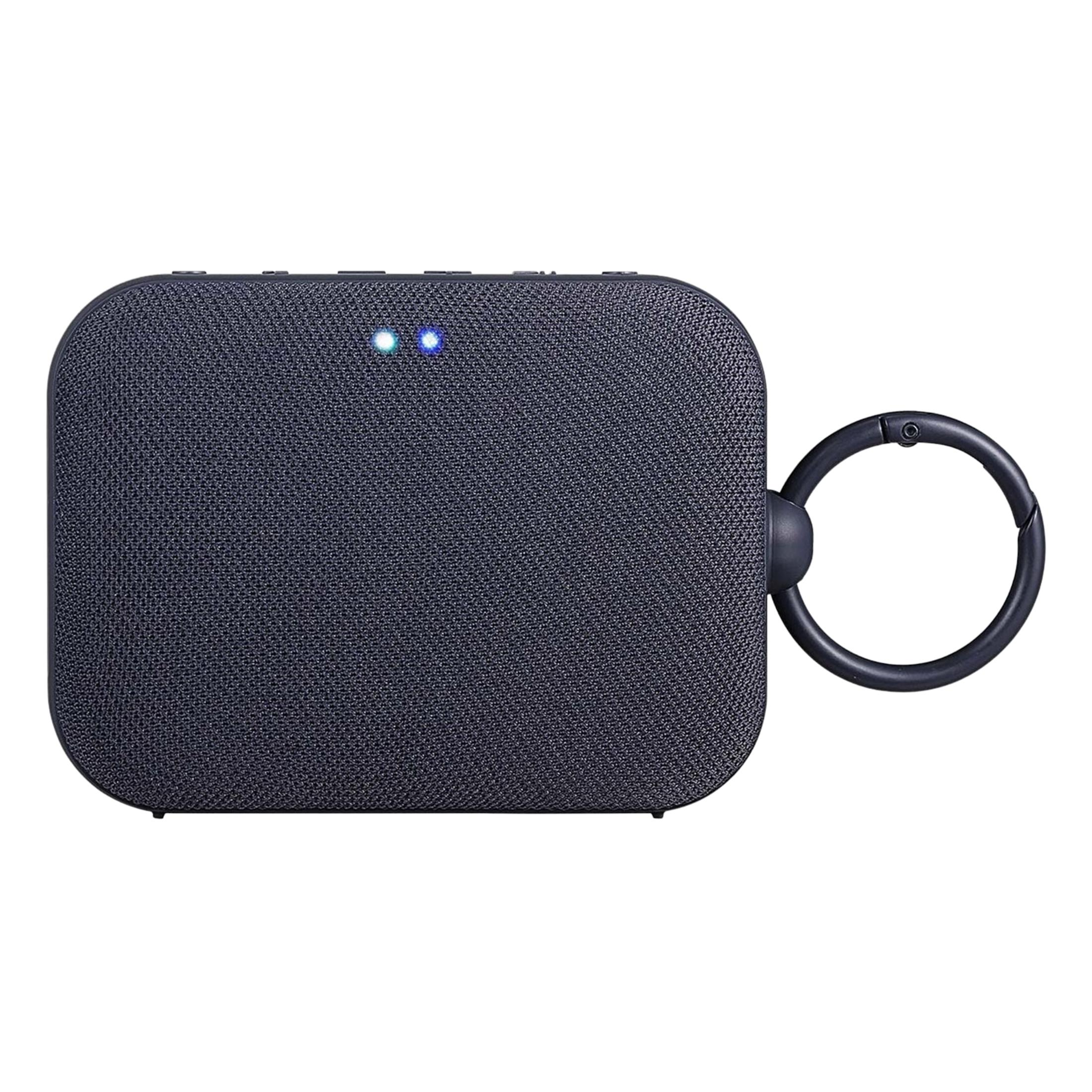 Altoparlante rettangolare blu scuro con angoli arrotondati e anello di trasporto nero.