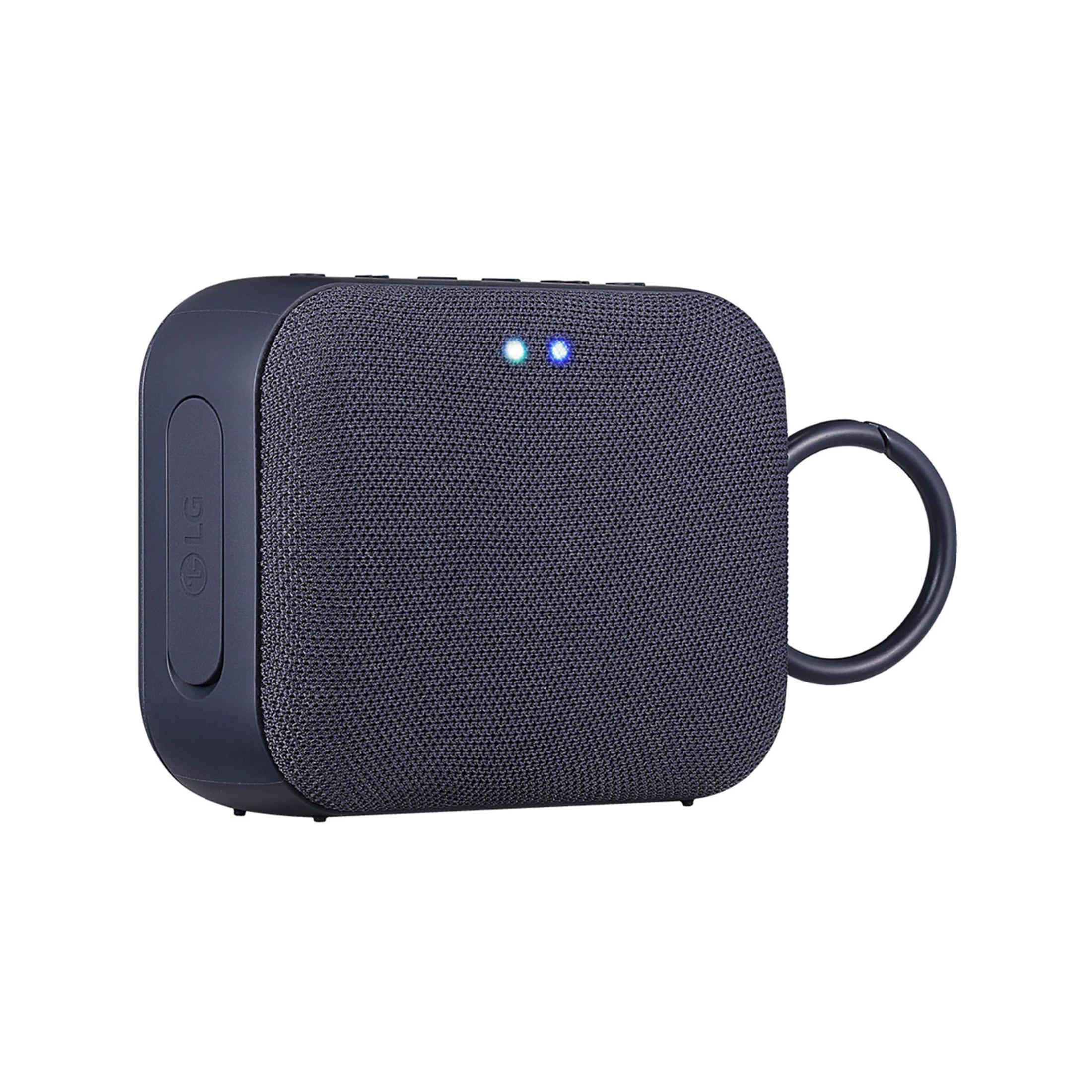 Altoparlante LG portatile grigio scuro con manico e LED blu.