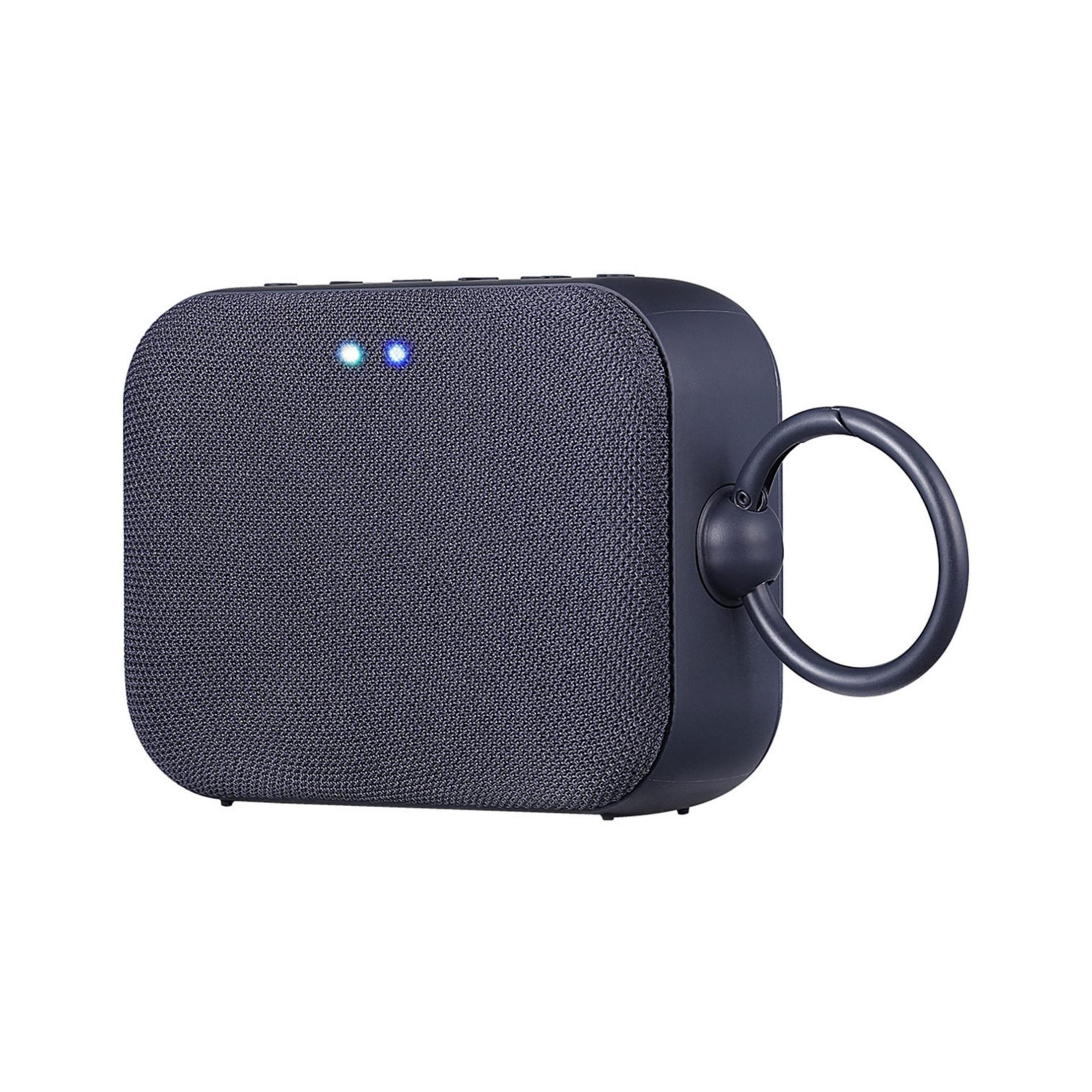 Altoparlante rettangolare scuro con manico e spie luminose blu.
