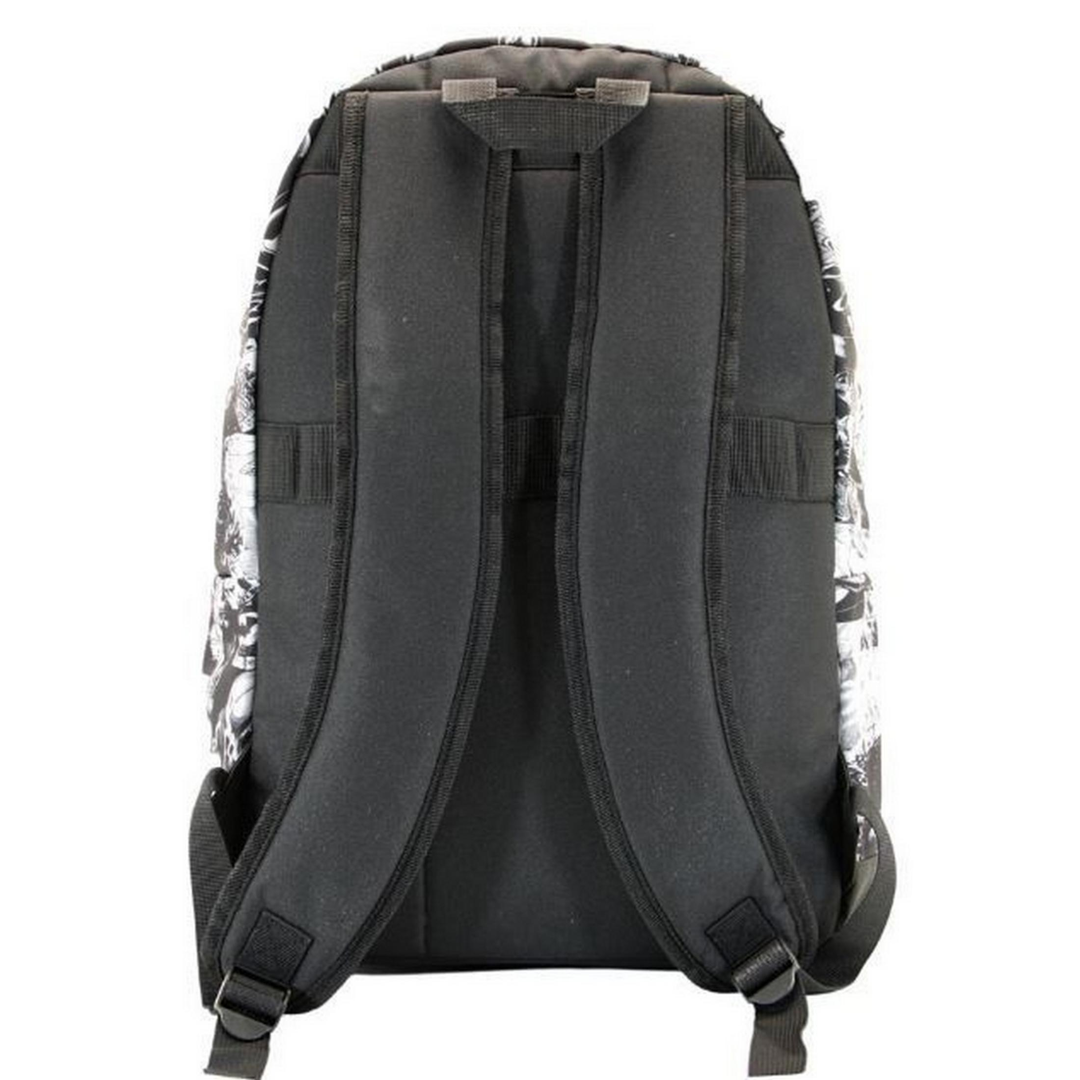 Vista trasera de una mochila negra con estampado de cómic y correas acolchadas.