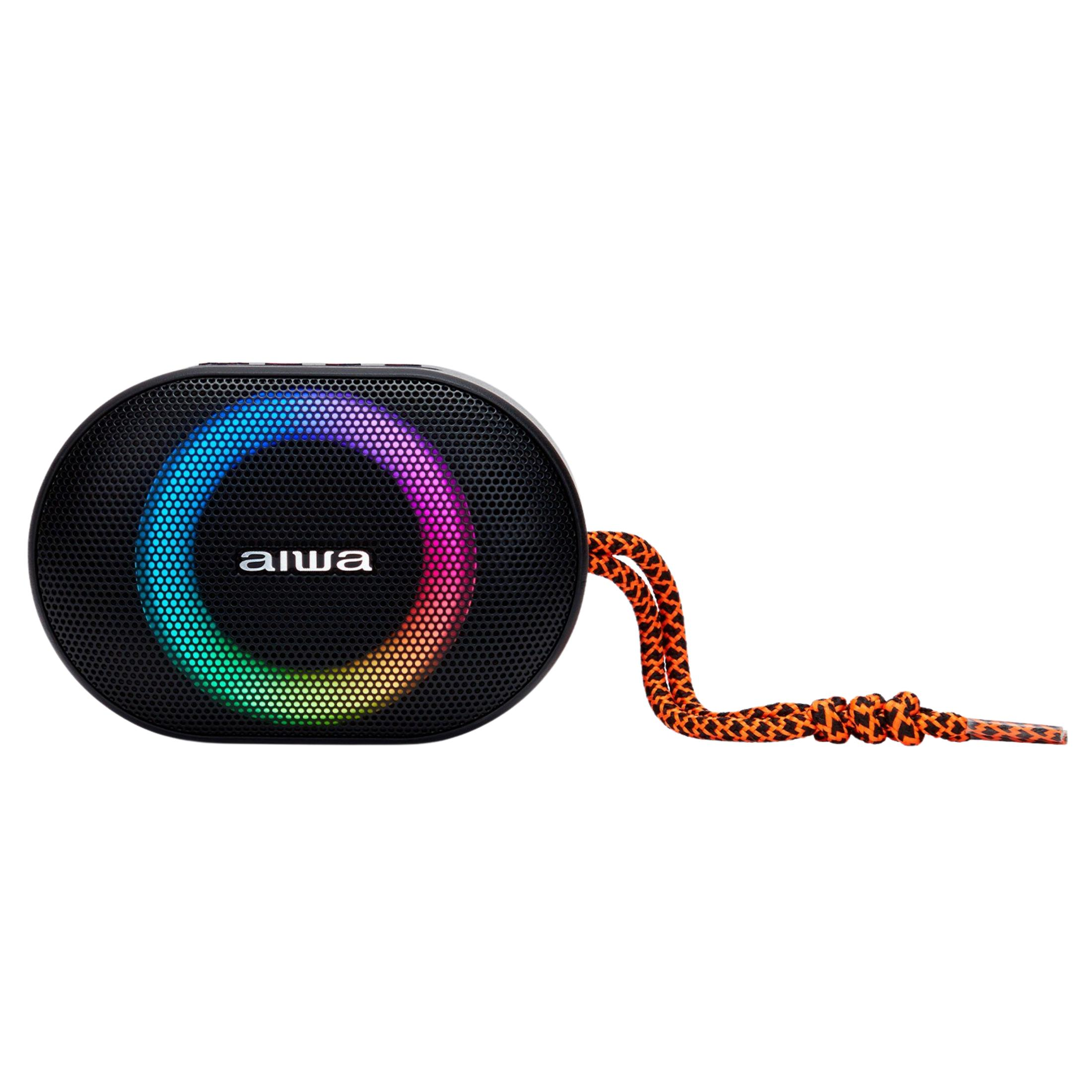 Un altoparlante portatile nero con luci colorate e un laccio arancione e nero.