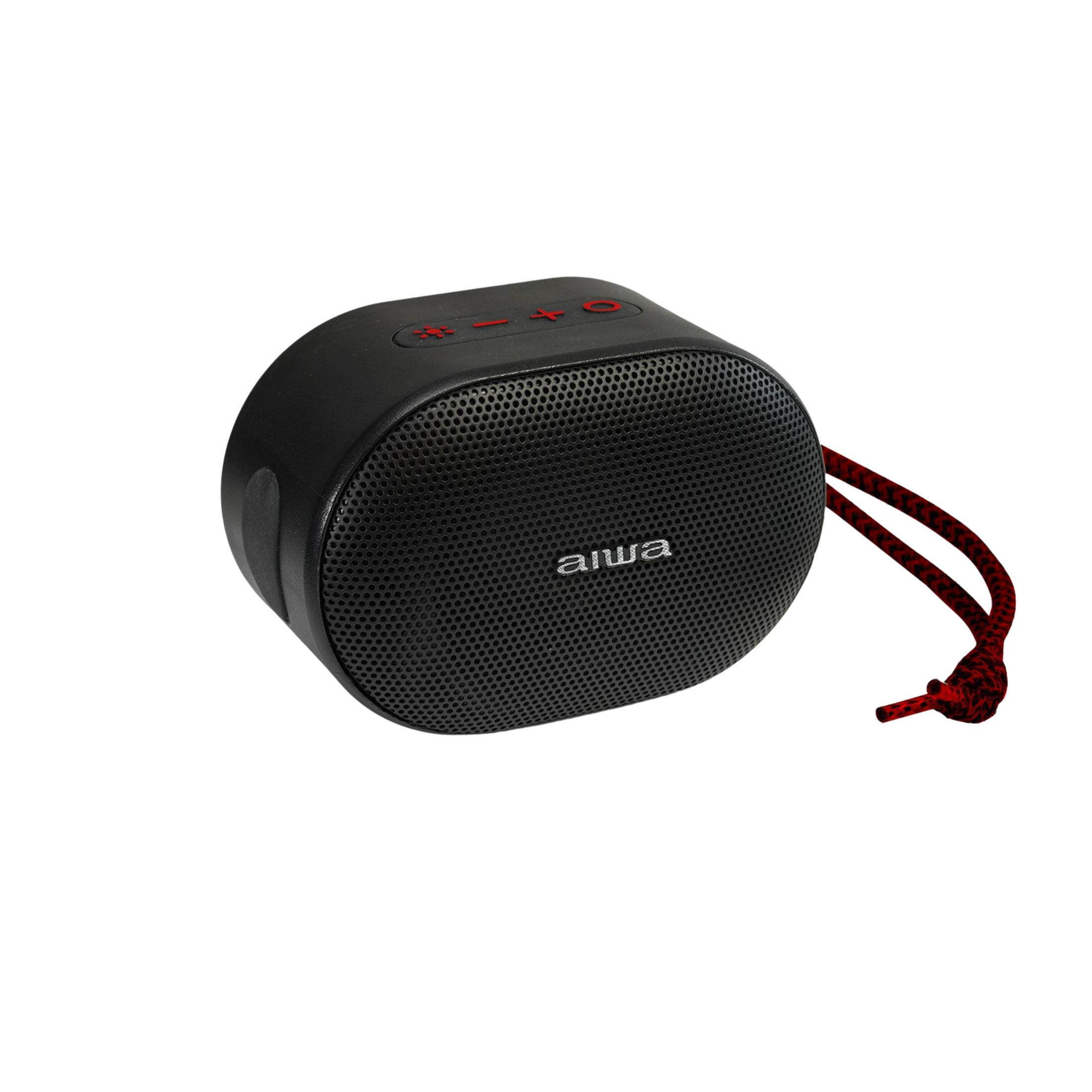 Altoparlante Bluetooth Aiwa nero con cordino rosso e pulsanti di controllo.