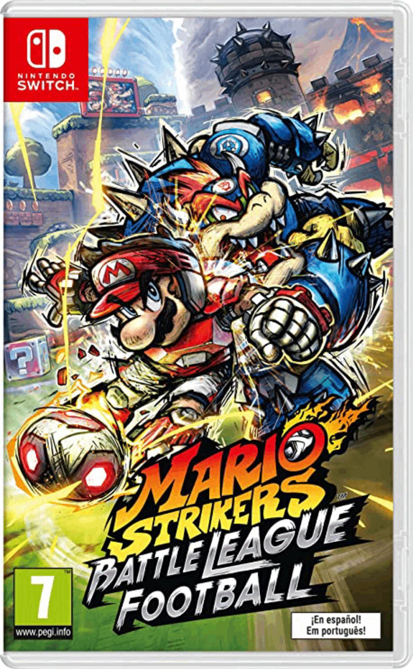 Mario y Bowser luchan en un campo de fútbol. Juego de Nintendo Switch.