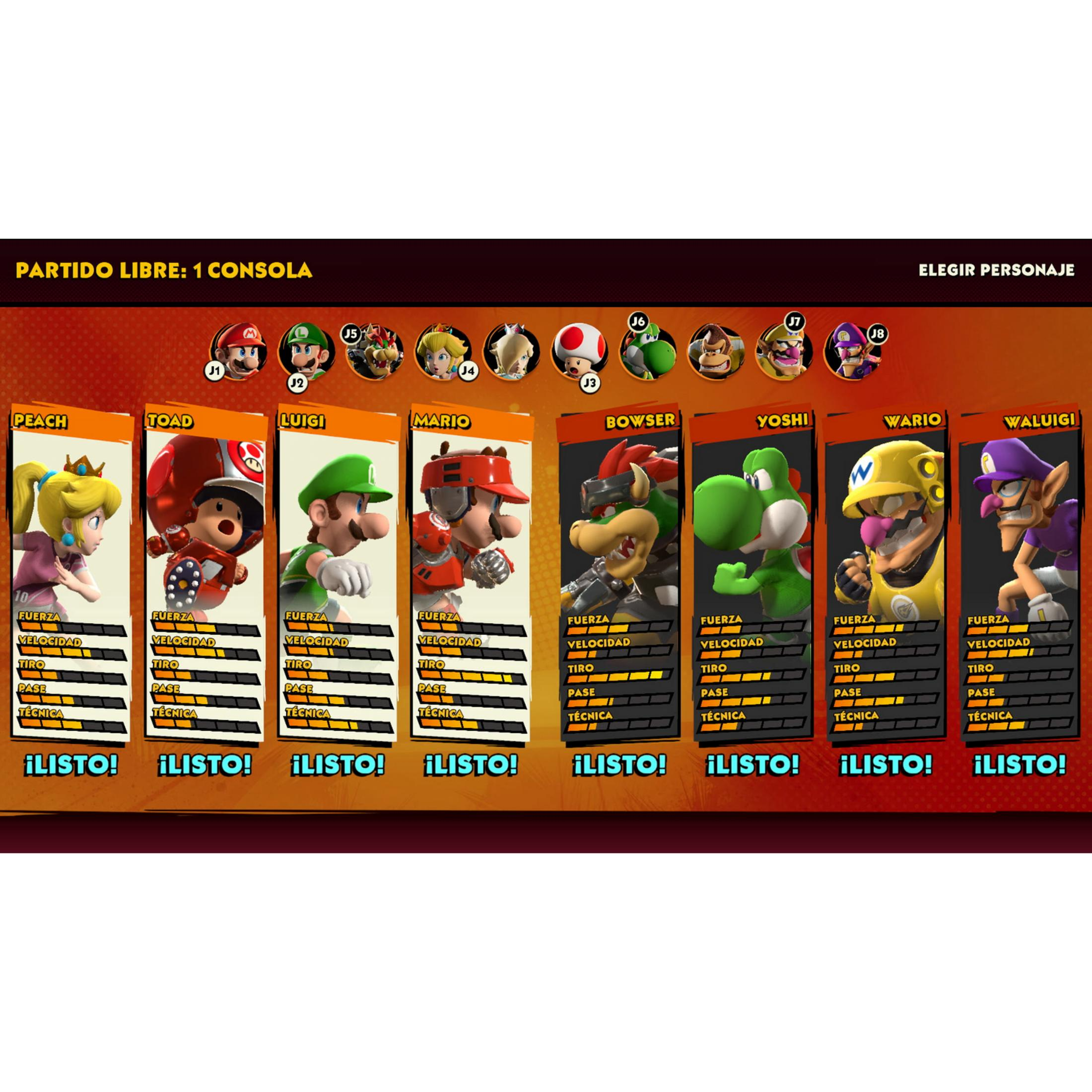 Pantalla de selección de personajes con Peach, Toad, Luigi, Mario, Bowser, Yoshi, Wario y Waluigi.