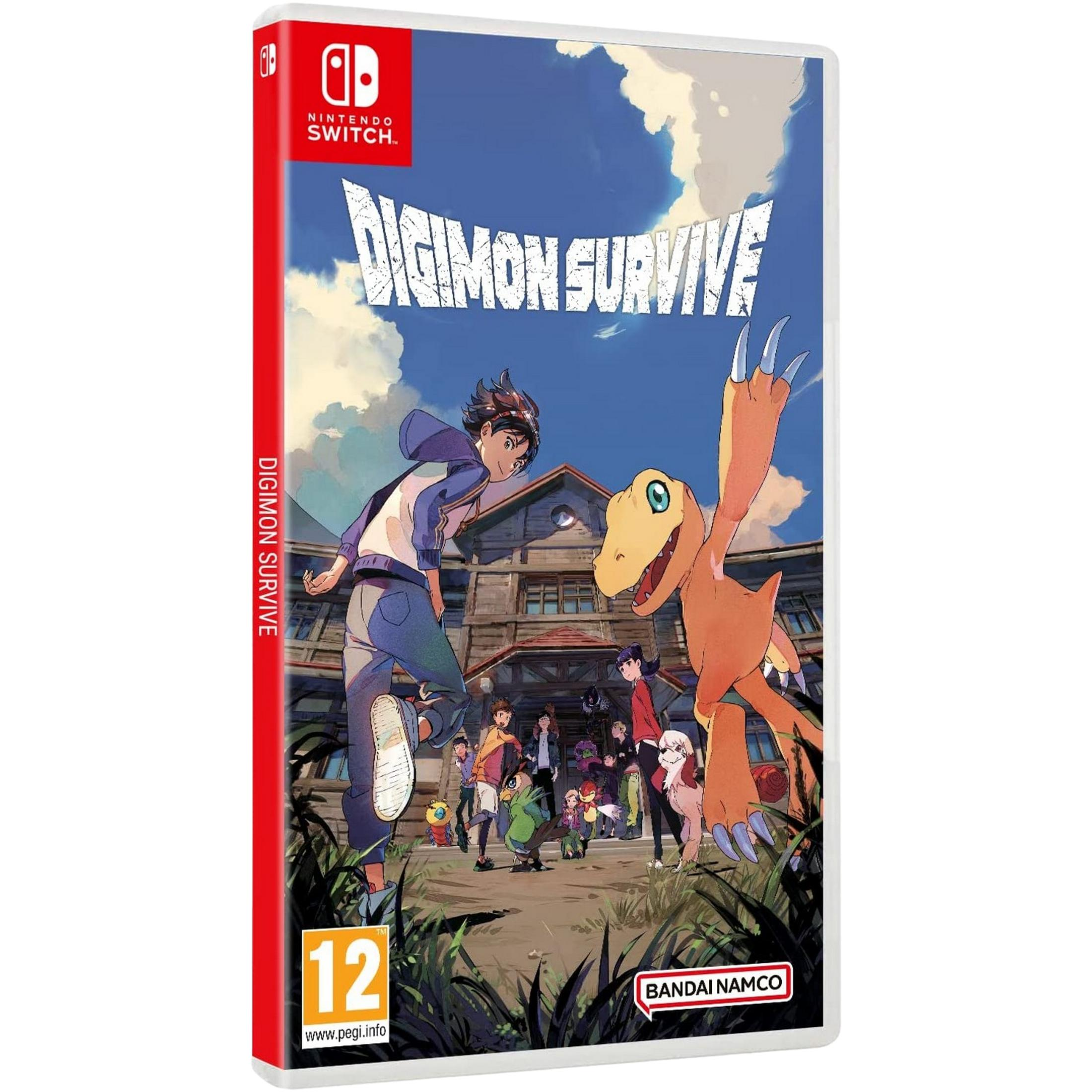 Custodia per Switch Digimon Survive con personaggi e un edificio.