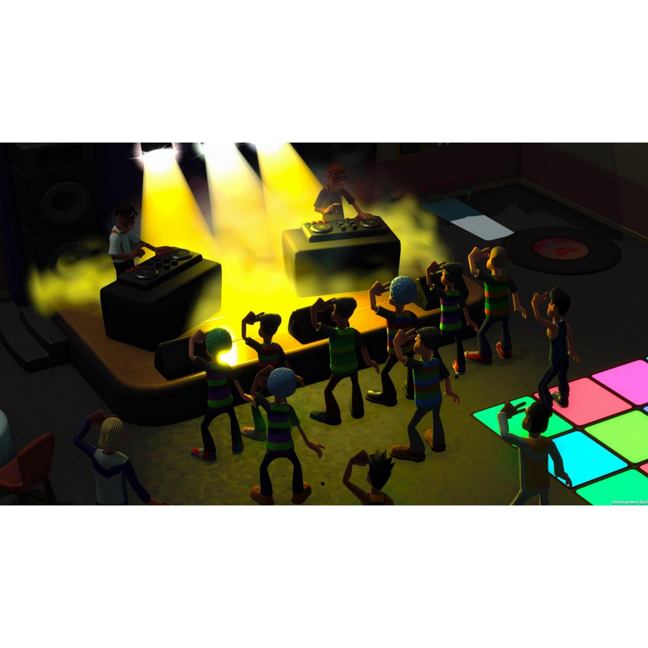 Un DJ suona musica su un palco con luci, mentre persone ballano su una pista colorata.