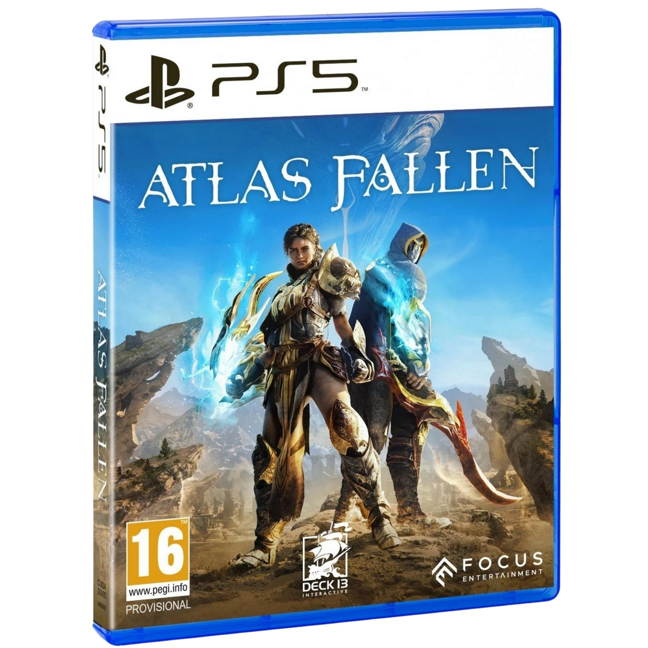 Funda de juego PS5 para Atlas Fallen. Dos figuras con energía mágica, paisaje rocoso.