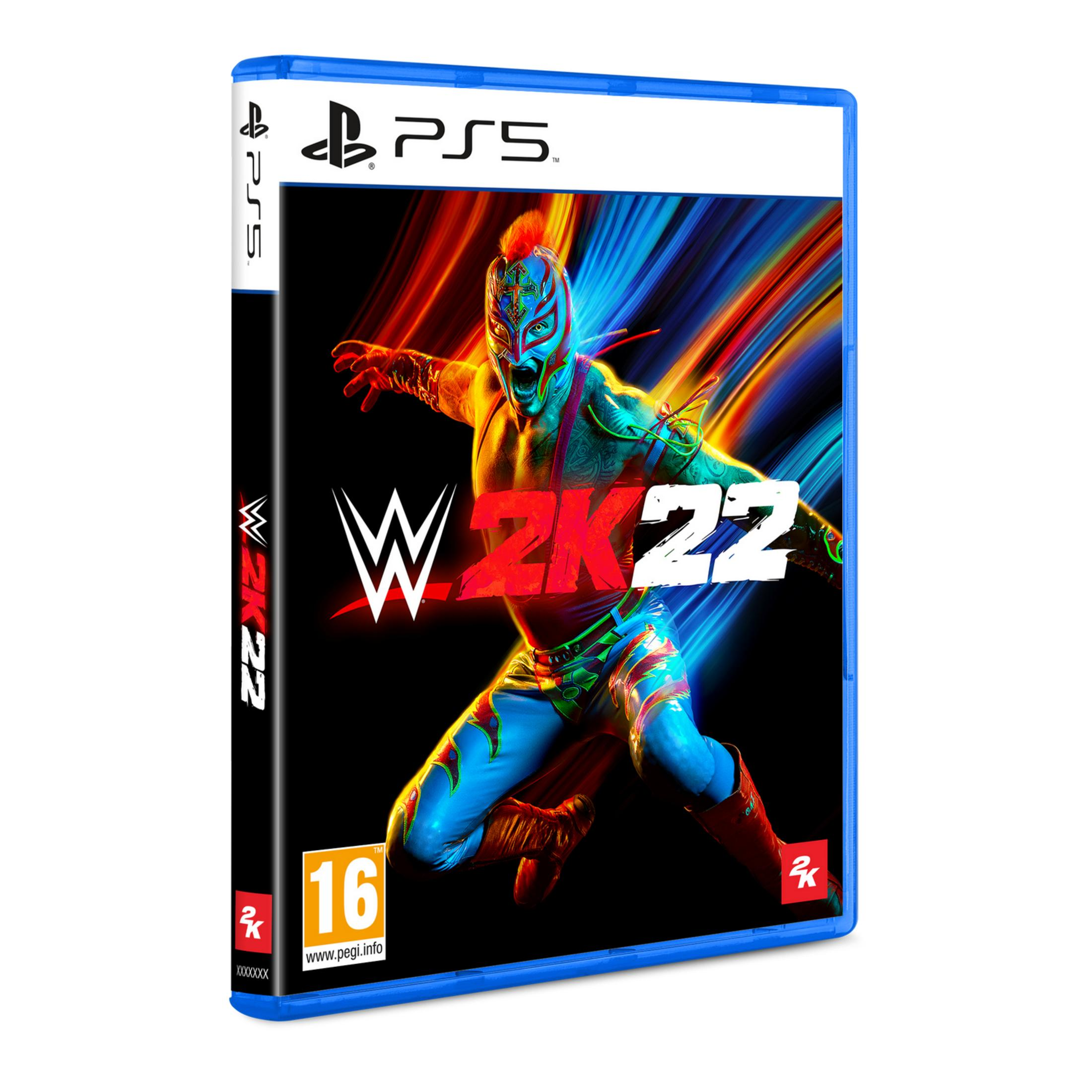Custodia gioco WWE 2K22 PS5. Lottatore Rey Mysterio in abiti colorati sulla copertina.