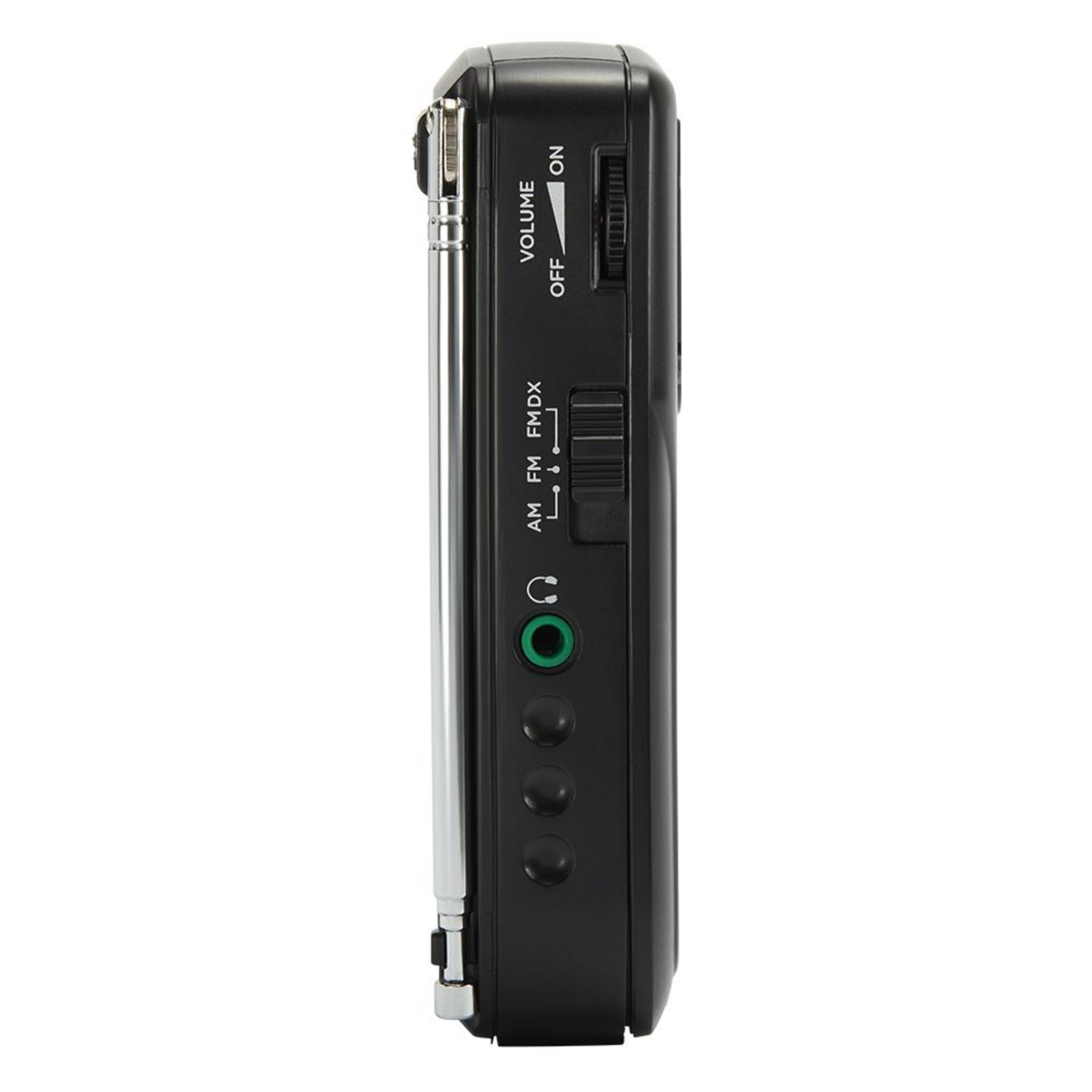 Black radio with telescopic antenna, volume dial, and band selector switch.
