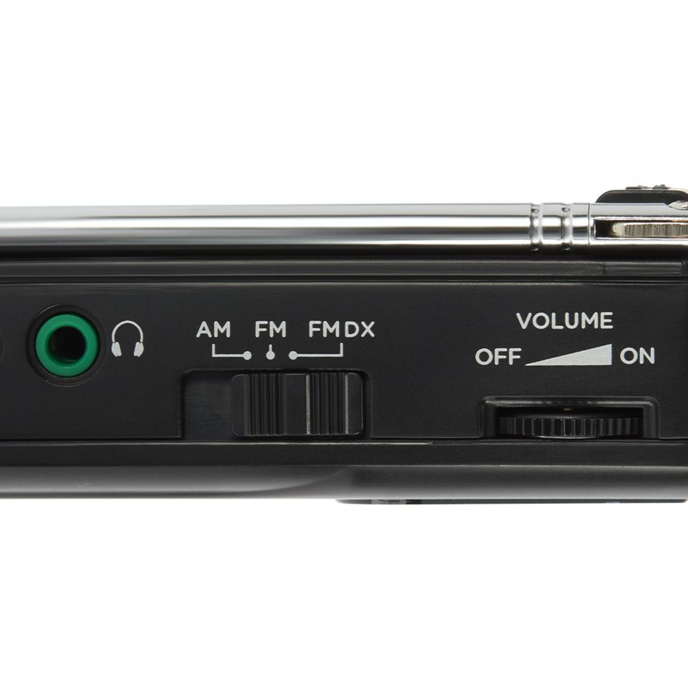 Black radio with headphone jack, band selector (AM, FM, FMDX) and volume control.