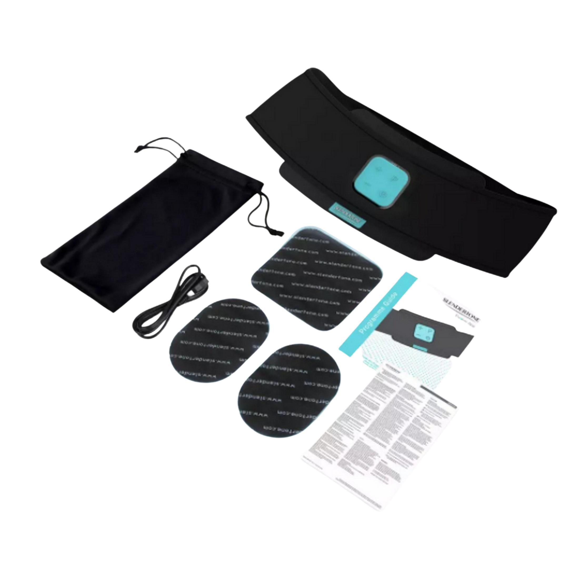Ein Slendertone-Gürtel mit Zubehör und Anleitung auf weißem Hintergrund.