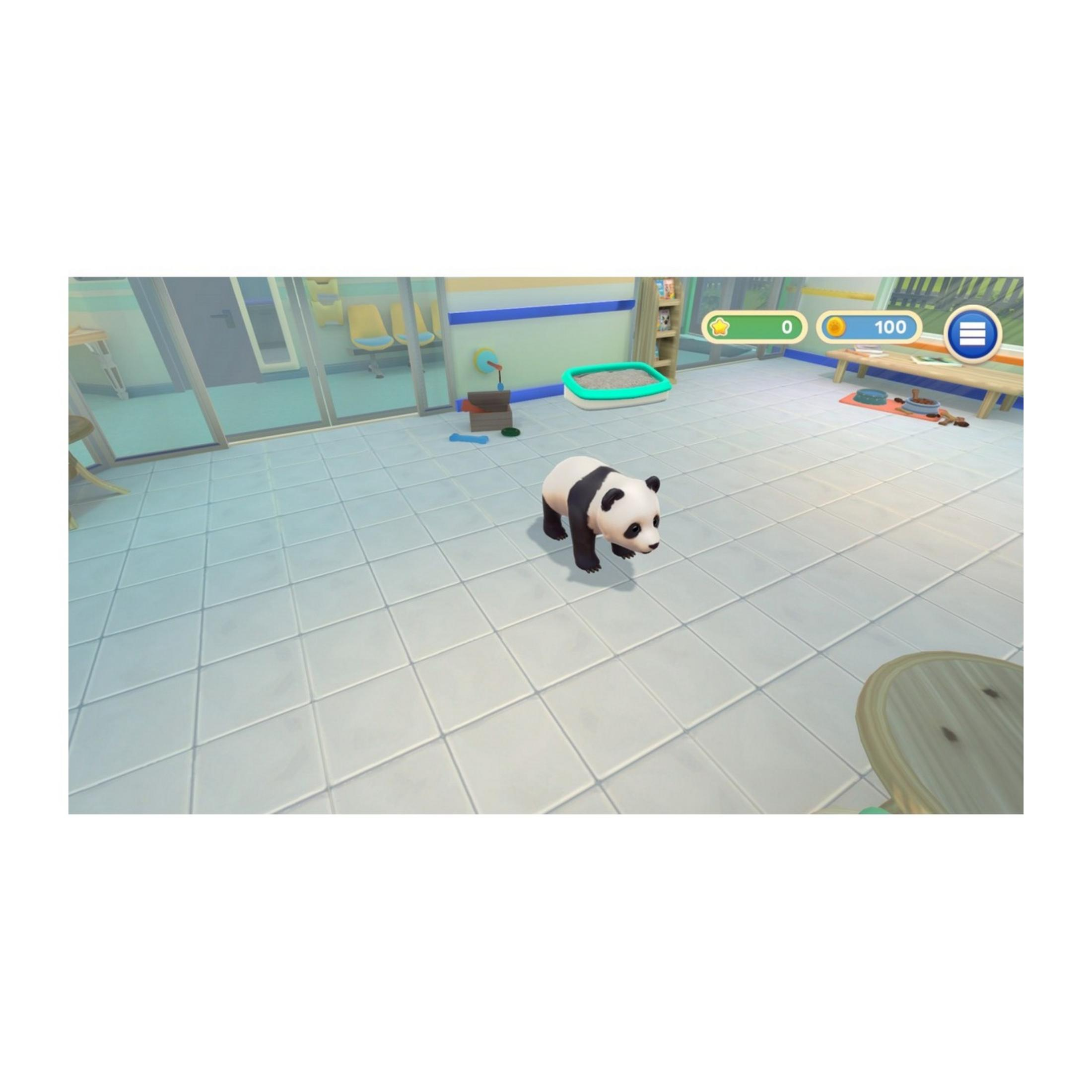Un panda si trova in una stanza con pavimento piastrellato, giocattoli e una lettiera.