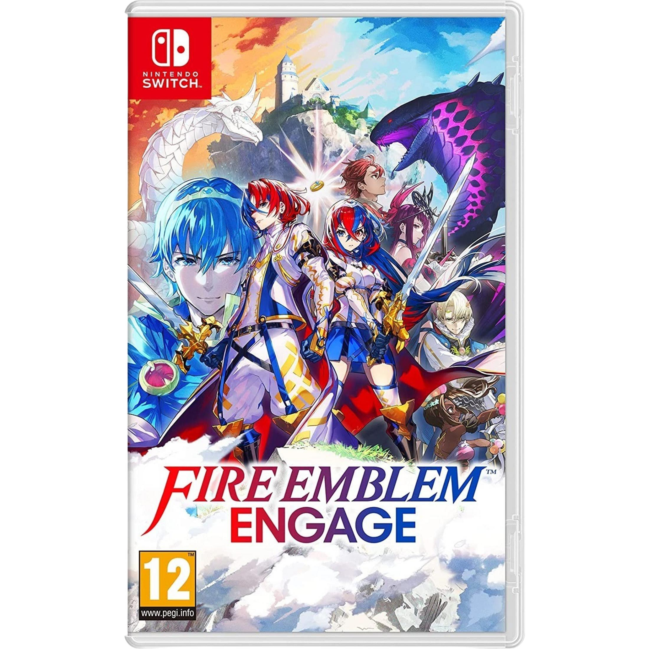 Copertina gioco Nintendo Switch: Fire Emblem Engage con personaggi, draghi e castello.