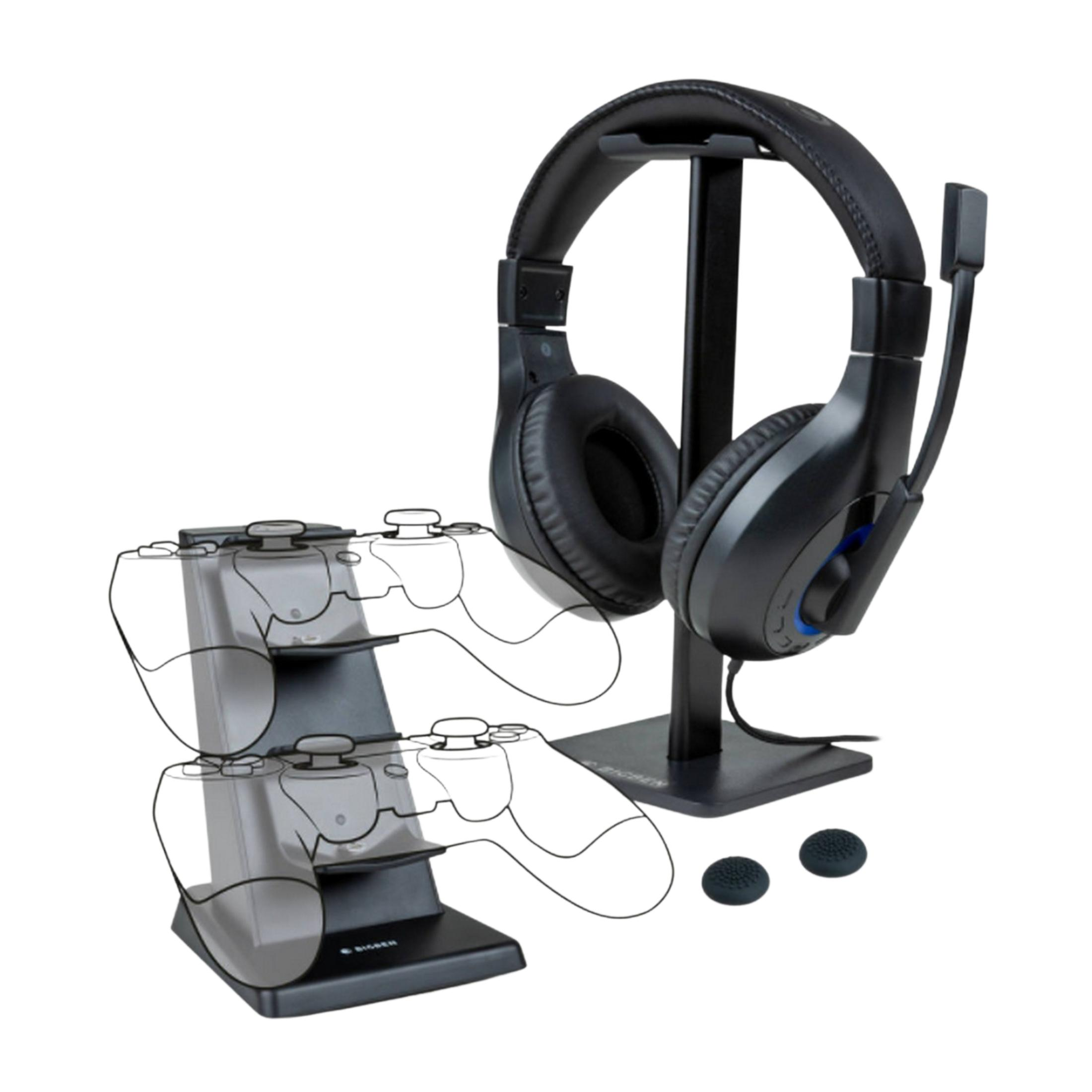 Cuffie da gioco nere su supporto con due porta controller trasparenti.