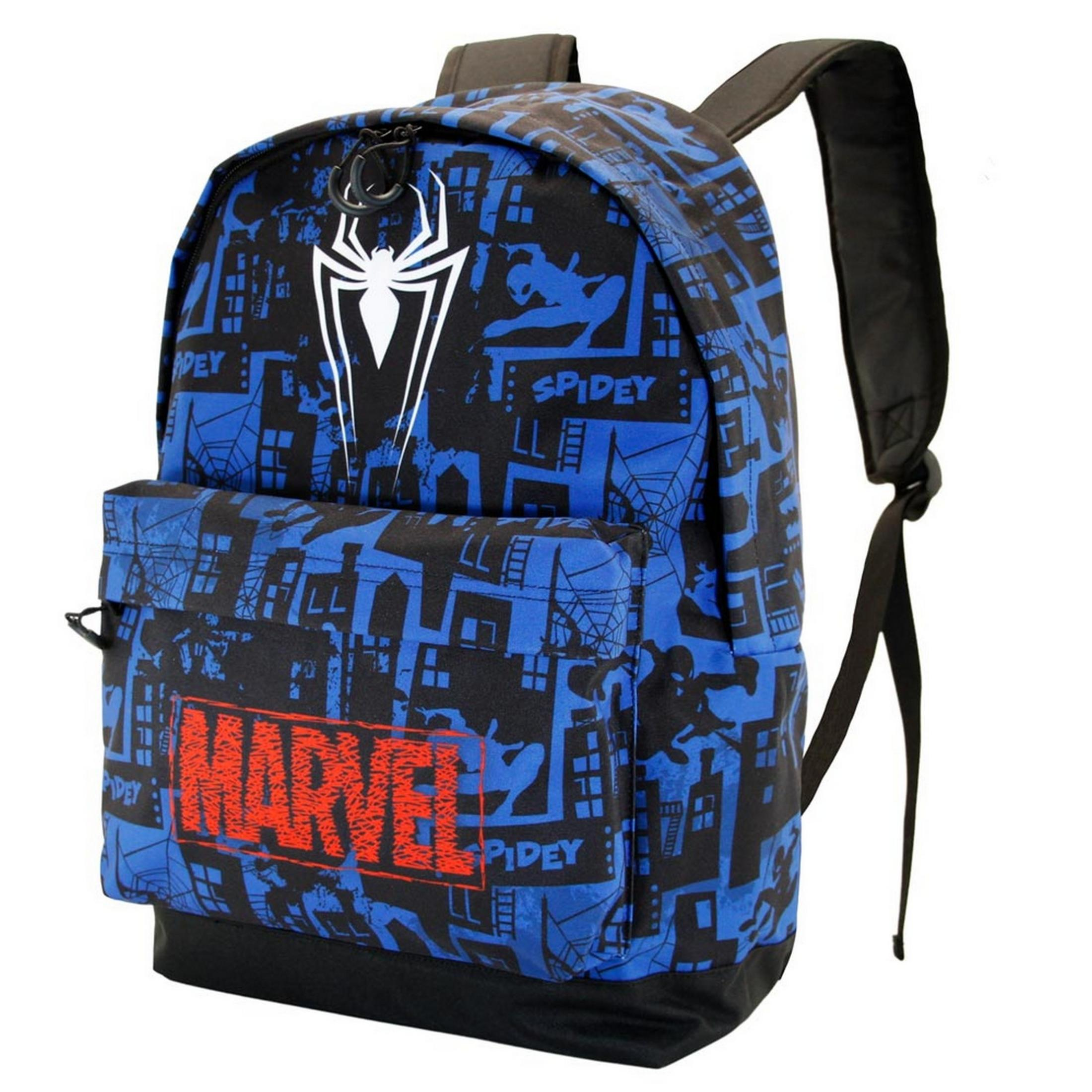 Mochila azul y negra de Spiderman con patrones de ciudad y telaraña.