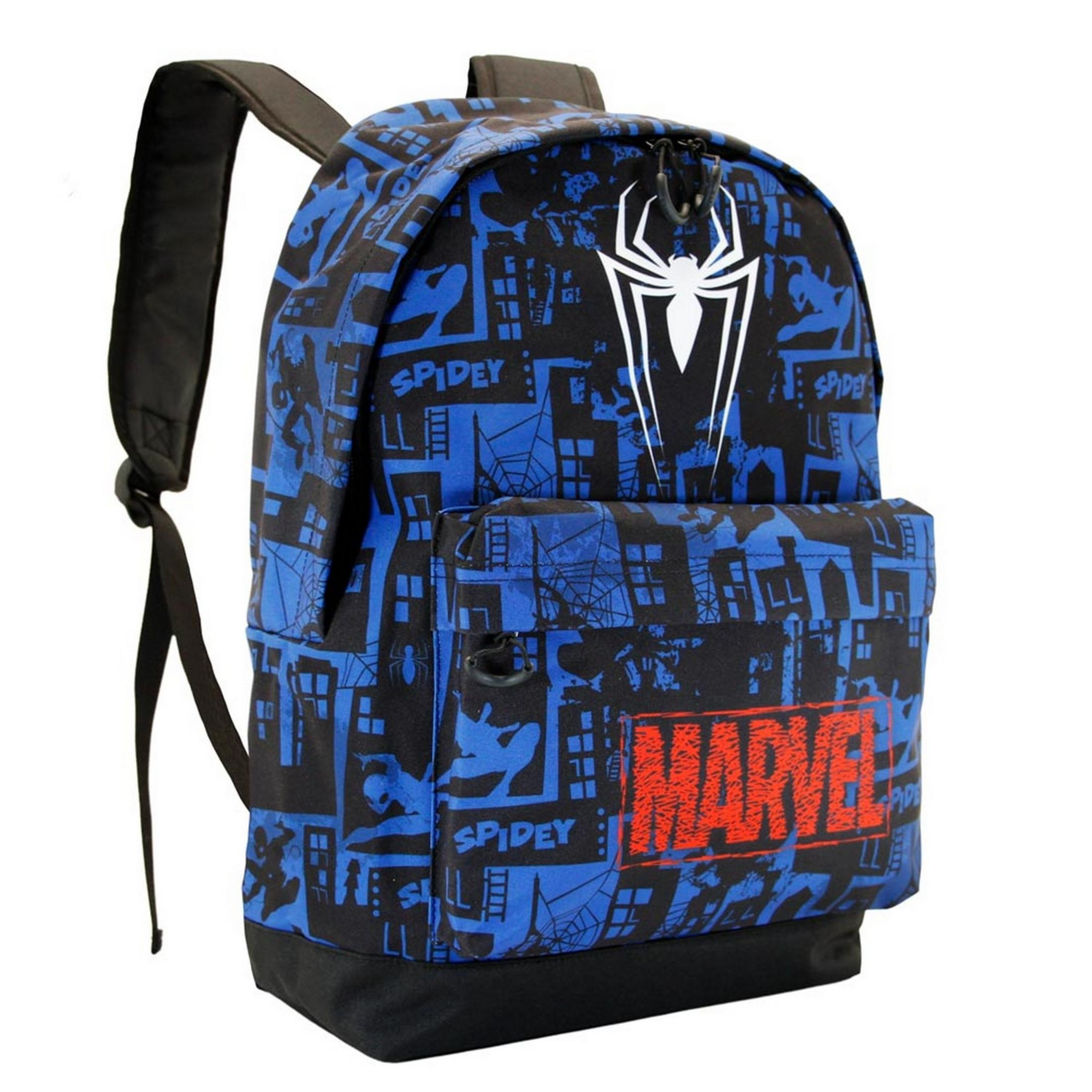 Mochila azul con estampado de Spiderman y logo de Marvel.