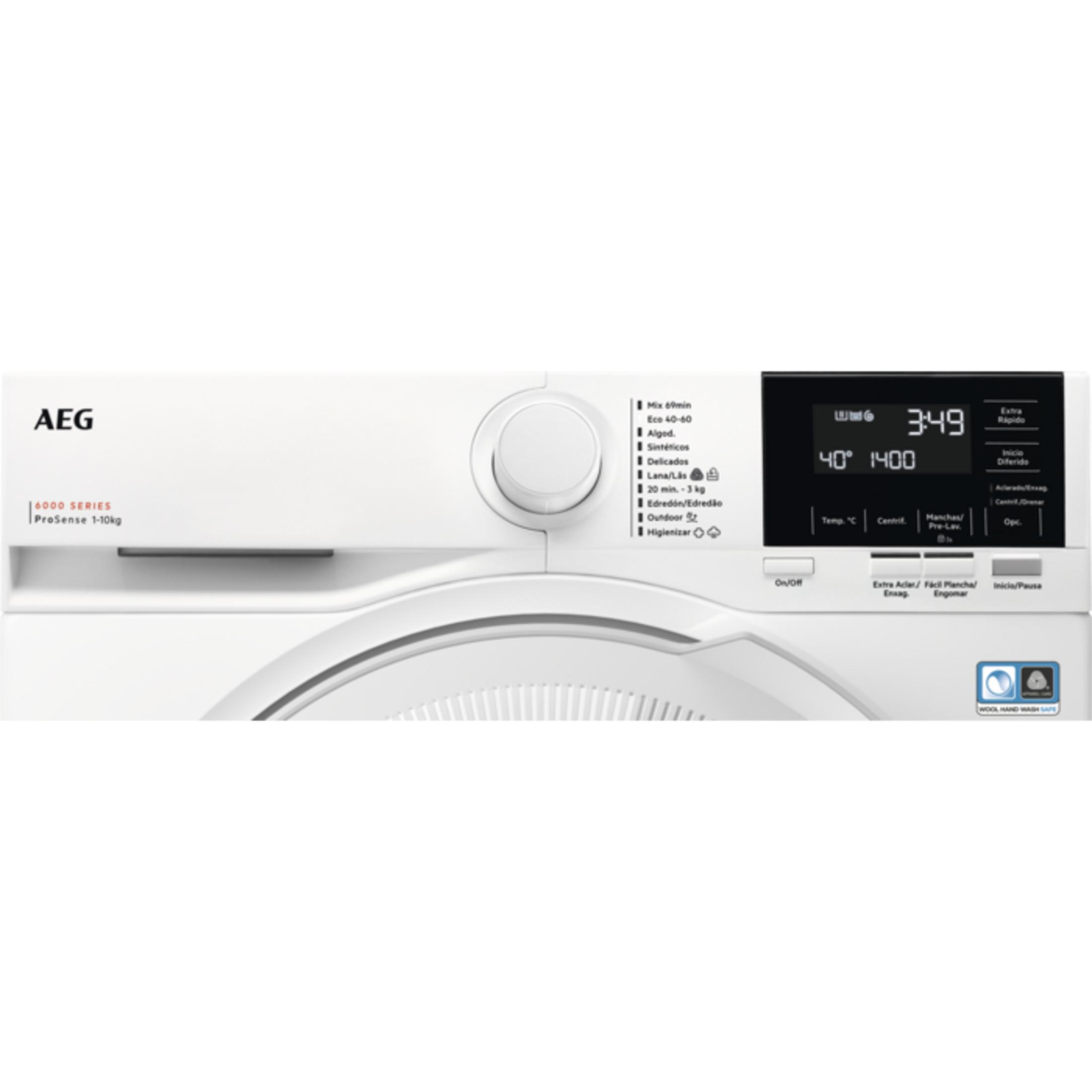 Una lavadora AEG blanca con pantalla y panel de control. 40 grados, 1400 RPM.