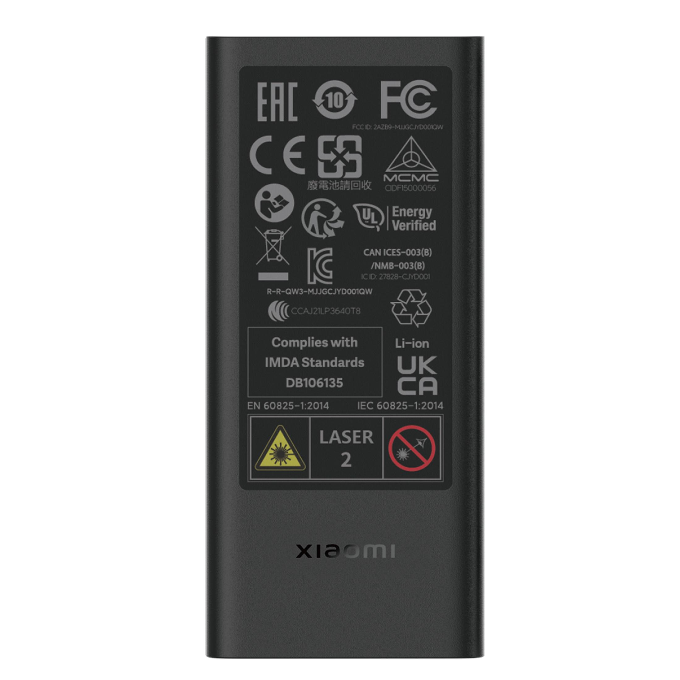 Retro di un dispositivo nero con vari loghi di certificazione, tra cui EAC, FC, CE, MCMC, UL e logo Xiaomi.