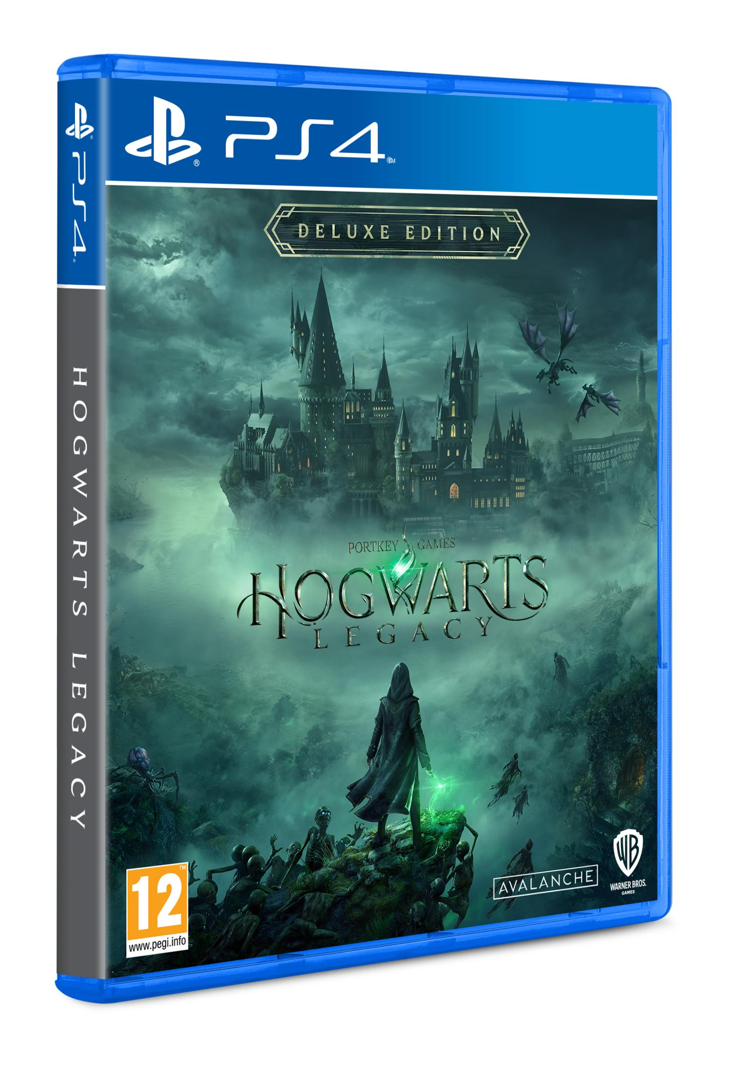 Hogwarts Legacy PS4 Edizione Deluxe con castello, draghi e figure in un paesaggio nebbioso.
