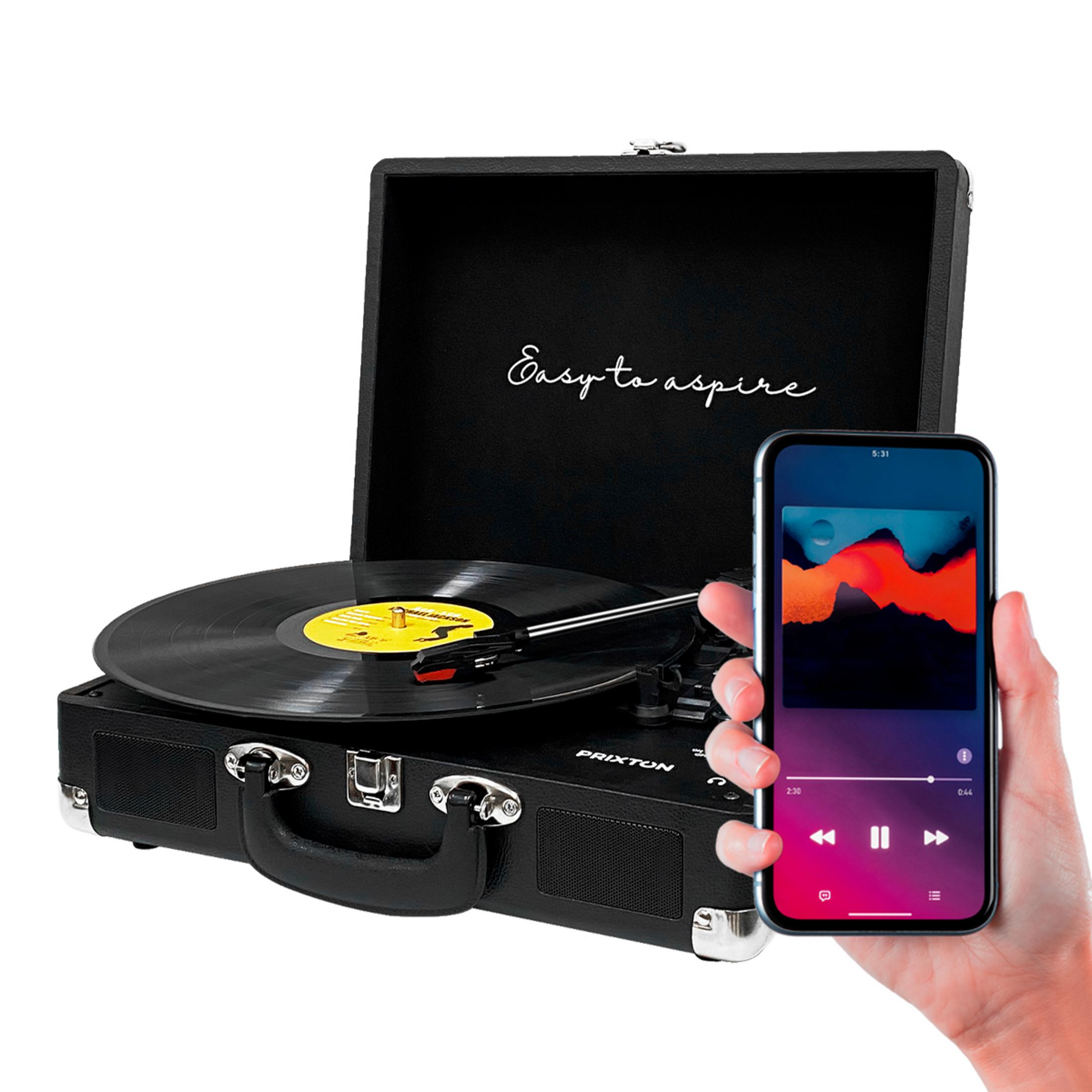 Black record player with vinyl and phone in hand. "Easy to aspire" text.