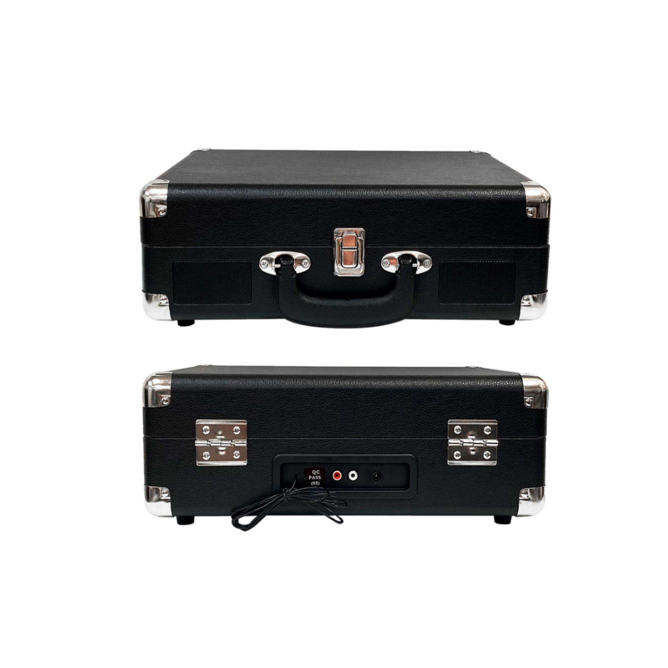 A black suitcase with silver hardware, shown from top and bottom views.