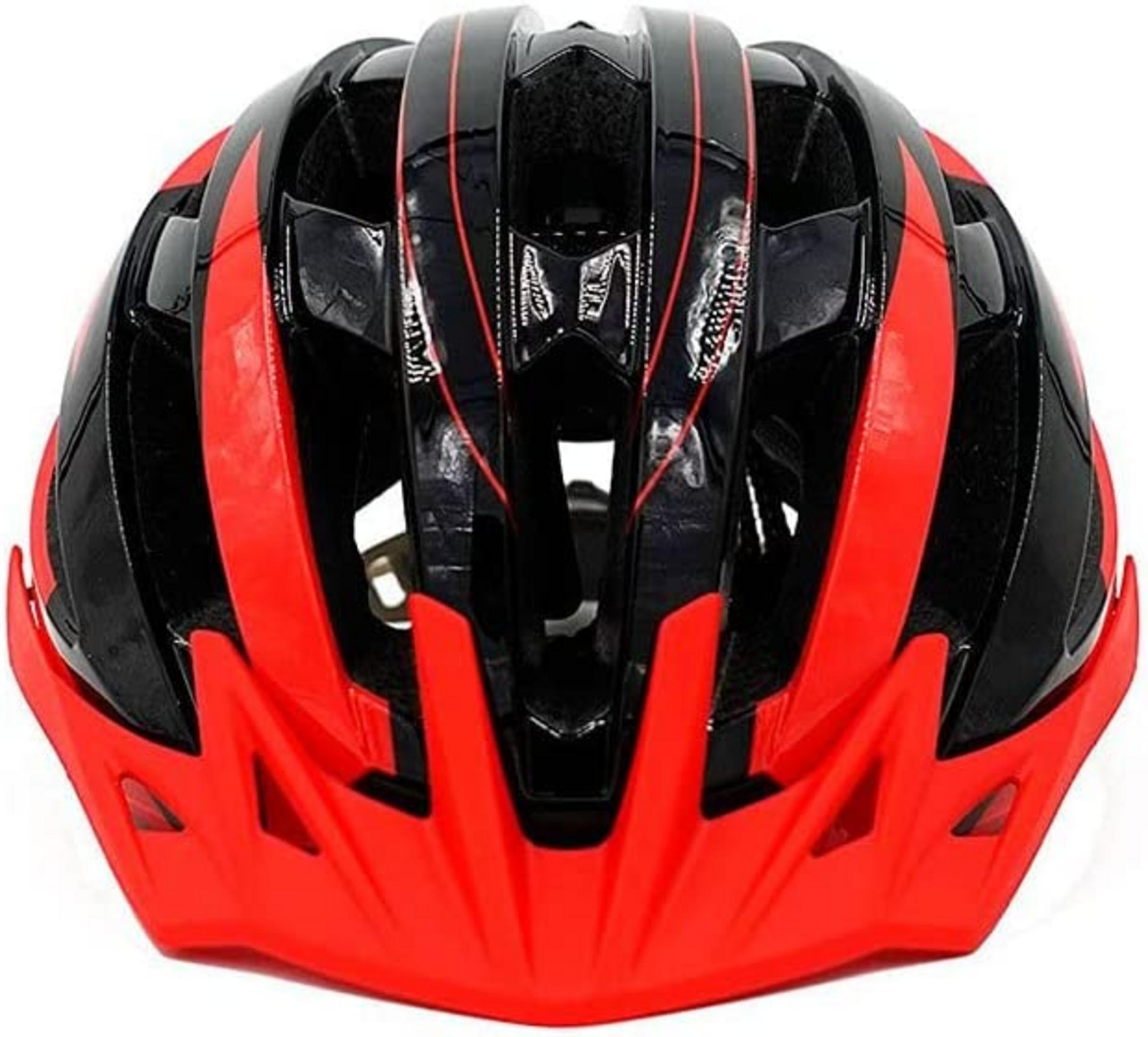 Casco da bicicletta nero con strisce rosse e visiera.