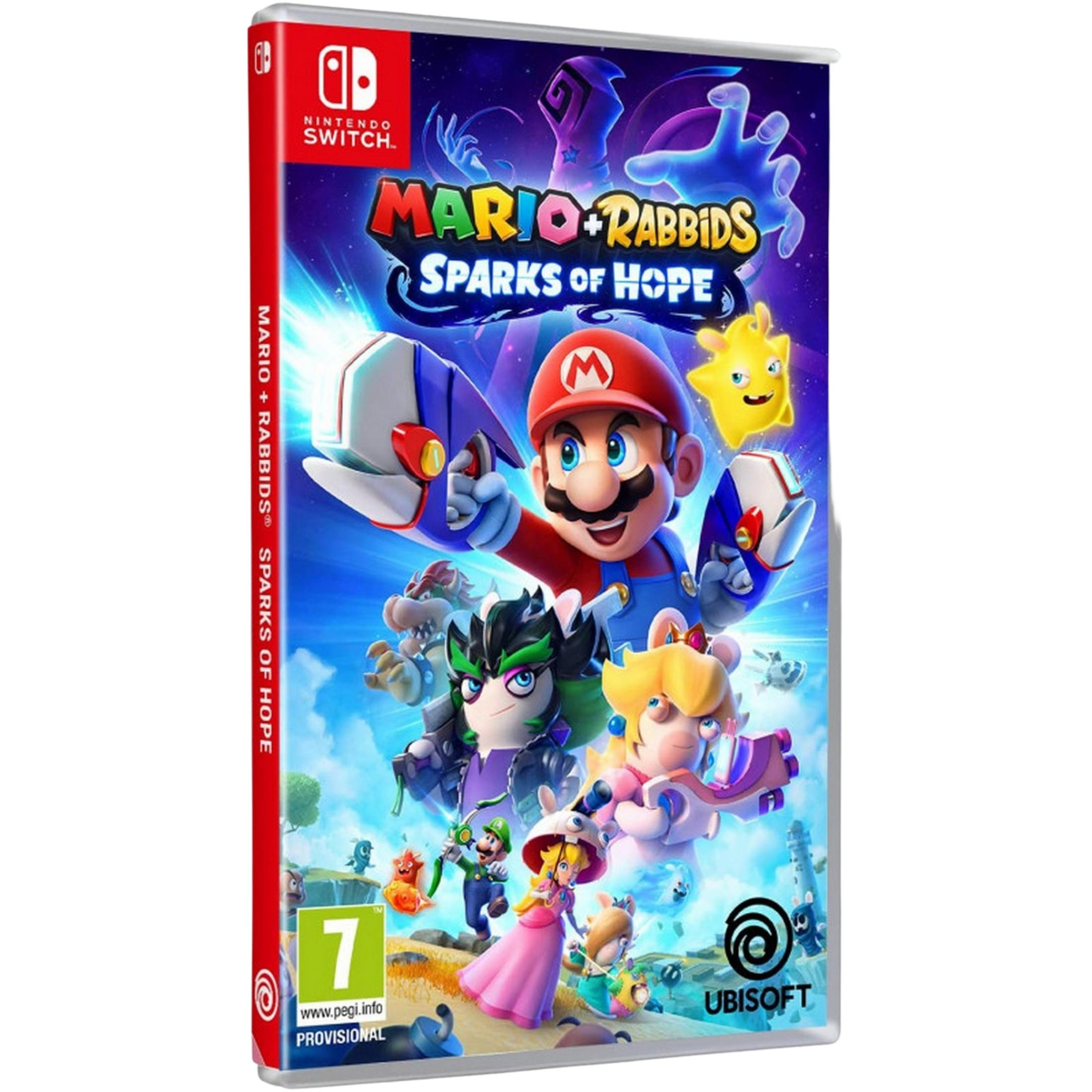 Caja del juego Nintendo Switch: Mario + Rabbids Sparks of Hope con Mario, Rabbids, Peach, Luigi y Bowser.