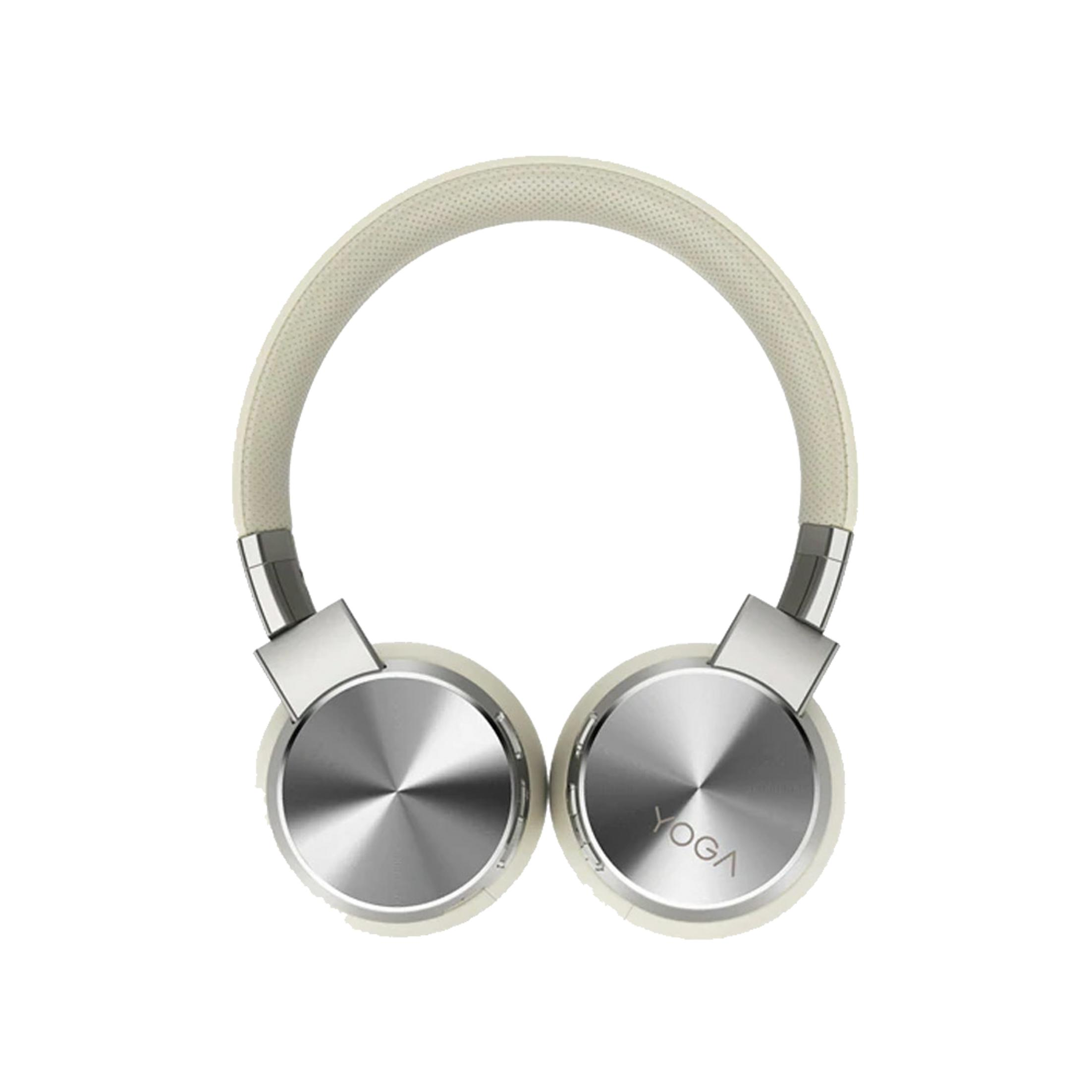 A pair of white headphones with silver accents and the Yoga logo.