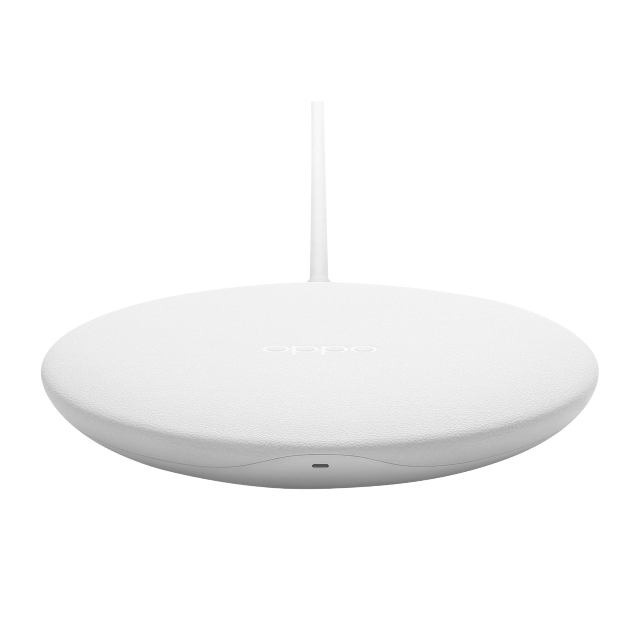 A white, round wireless charger with OPPO logo and cable.