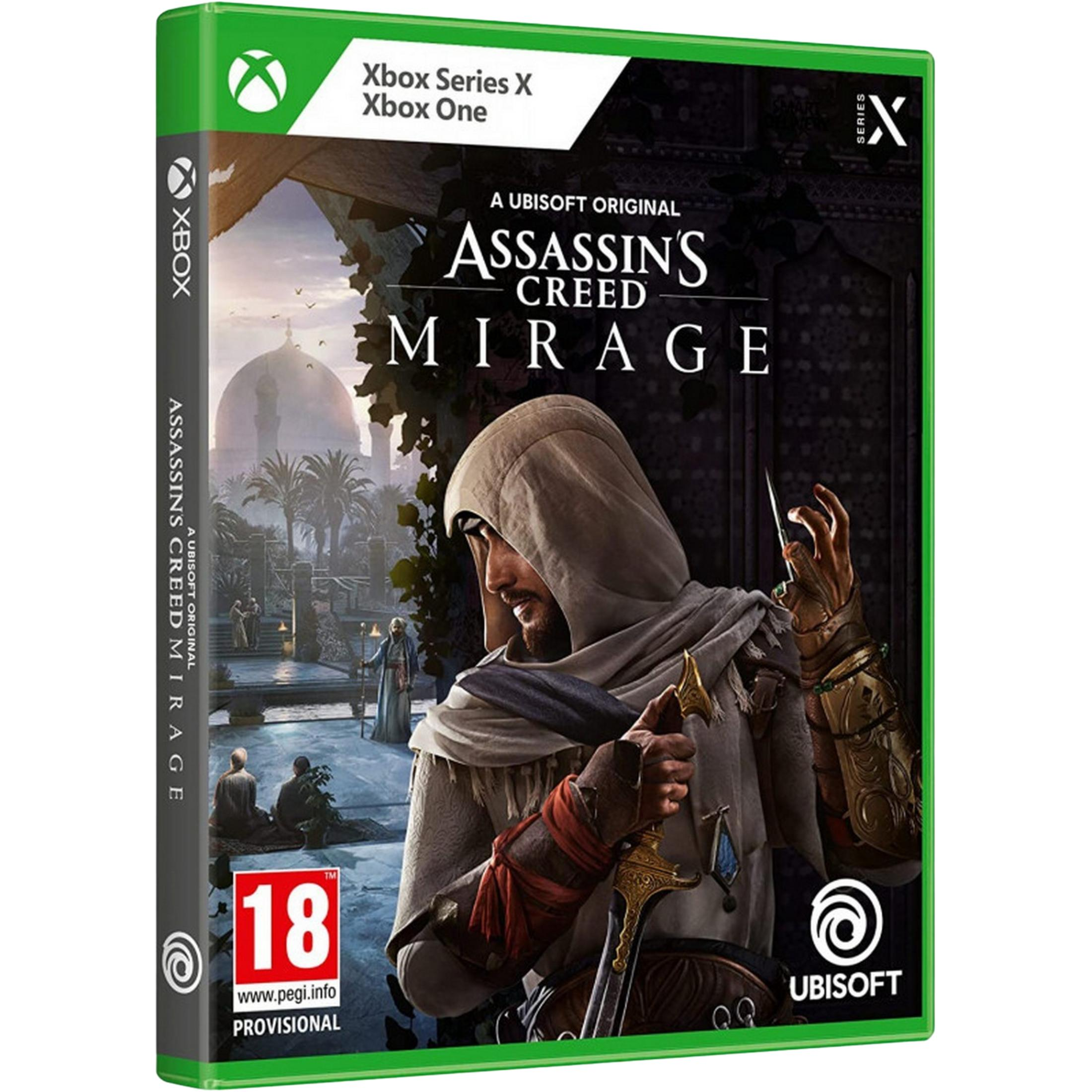 Custodia Xbox di Assassin's Creed Mirage con protagonista, palme e cupole sullo sfondo.