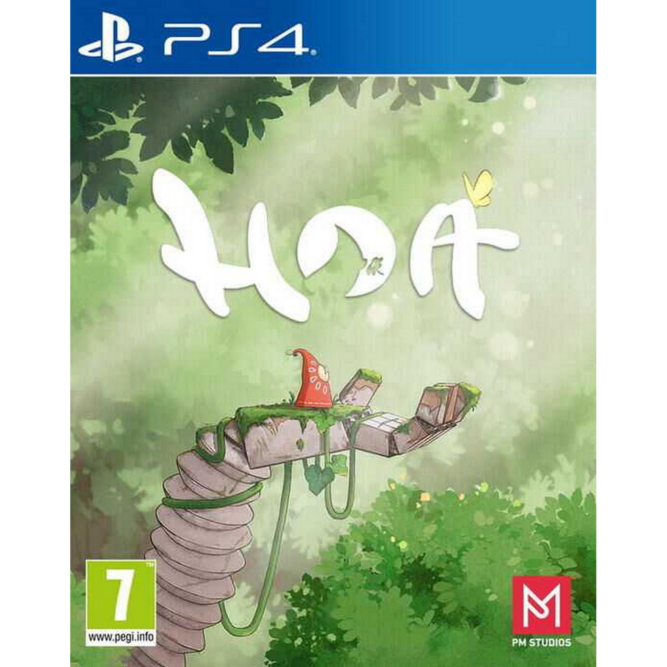 Copertina gioco PS4 con logo "Hoa", cappello rosso e farfalla gialla.