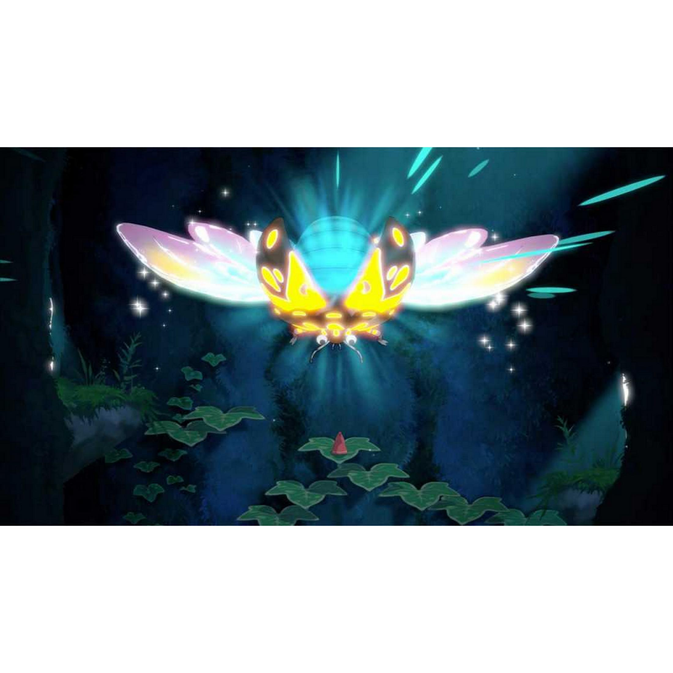 Una falena luminosa con ali gialle e rosa vola sopra foglie verdi.