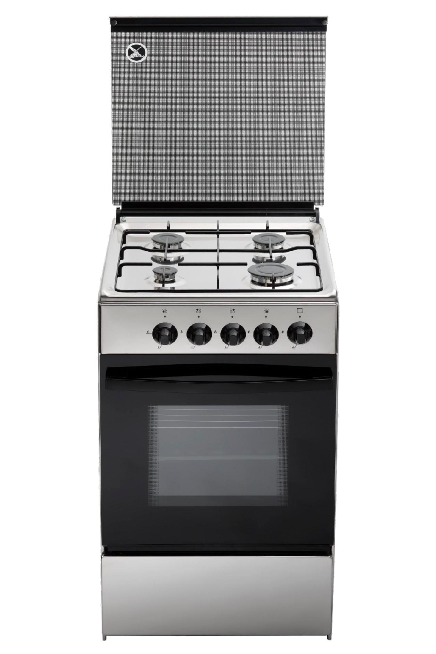 Una estufa de gas plateada con cuatro quemadores y un horno.