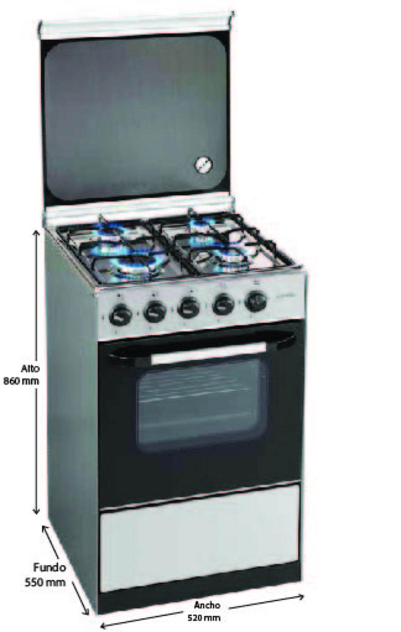 Cocina de gas independiente con cuatro quemadores, puerta de horno y mandos.