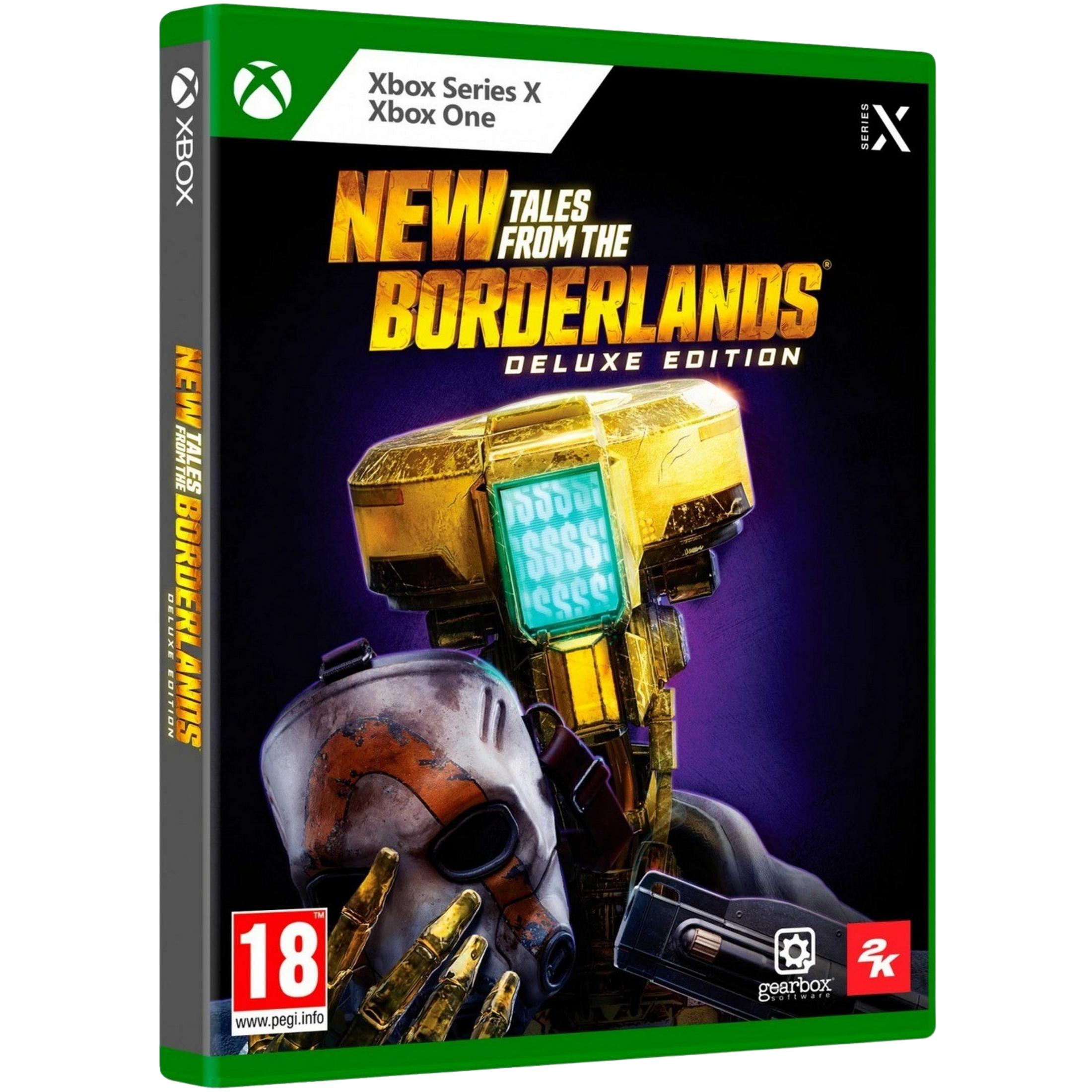Caja de juego Xbox "New Tales from the Borderlands Deluxe Edition" con robot y máscara.