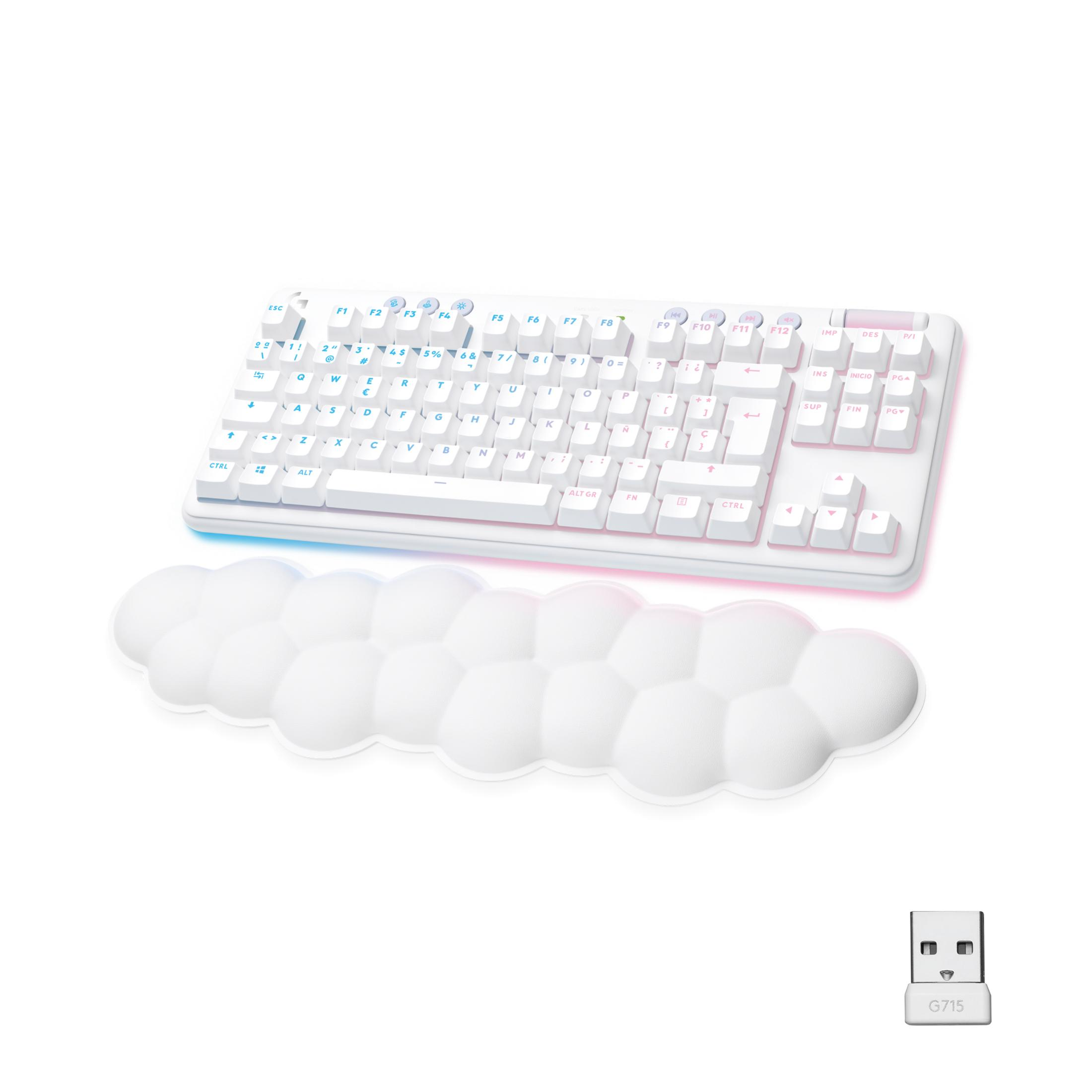 Un teclado blanco con reposamuñecas de nube y un dongle USB.
