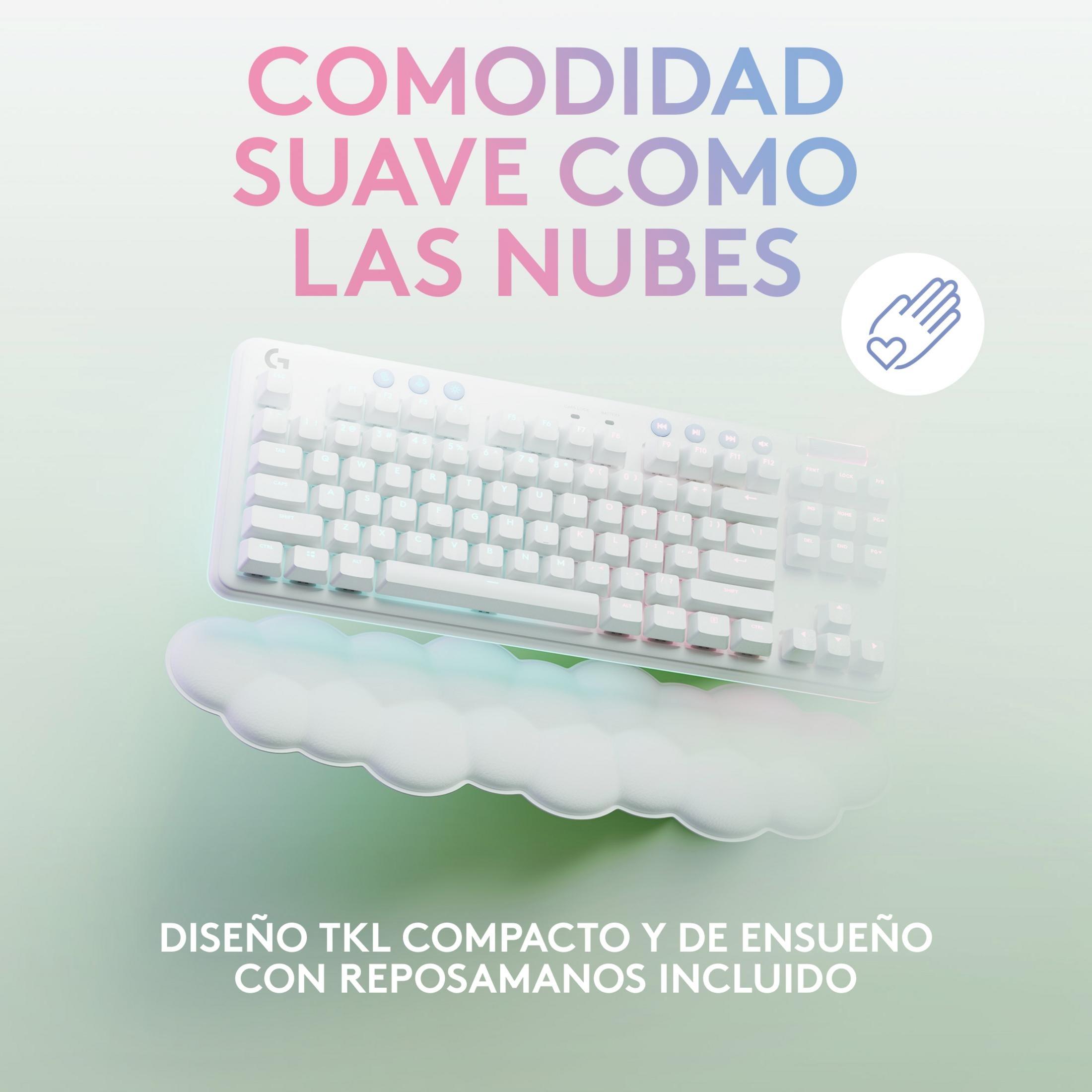 Un teclado gaming TKL blanco sobre un reposamuñecas de nube, colores pastel suaves.